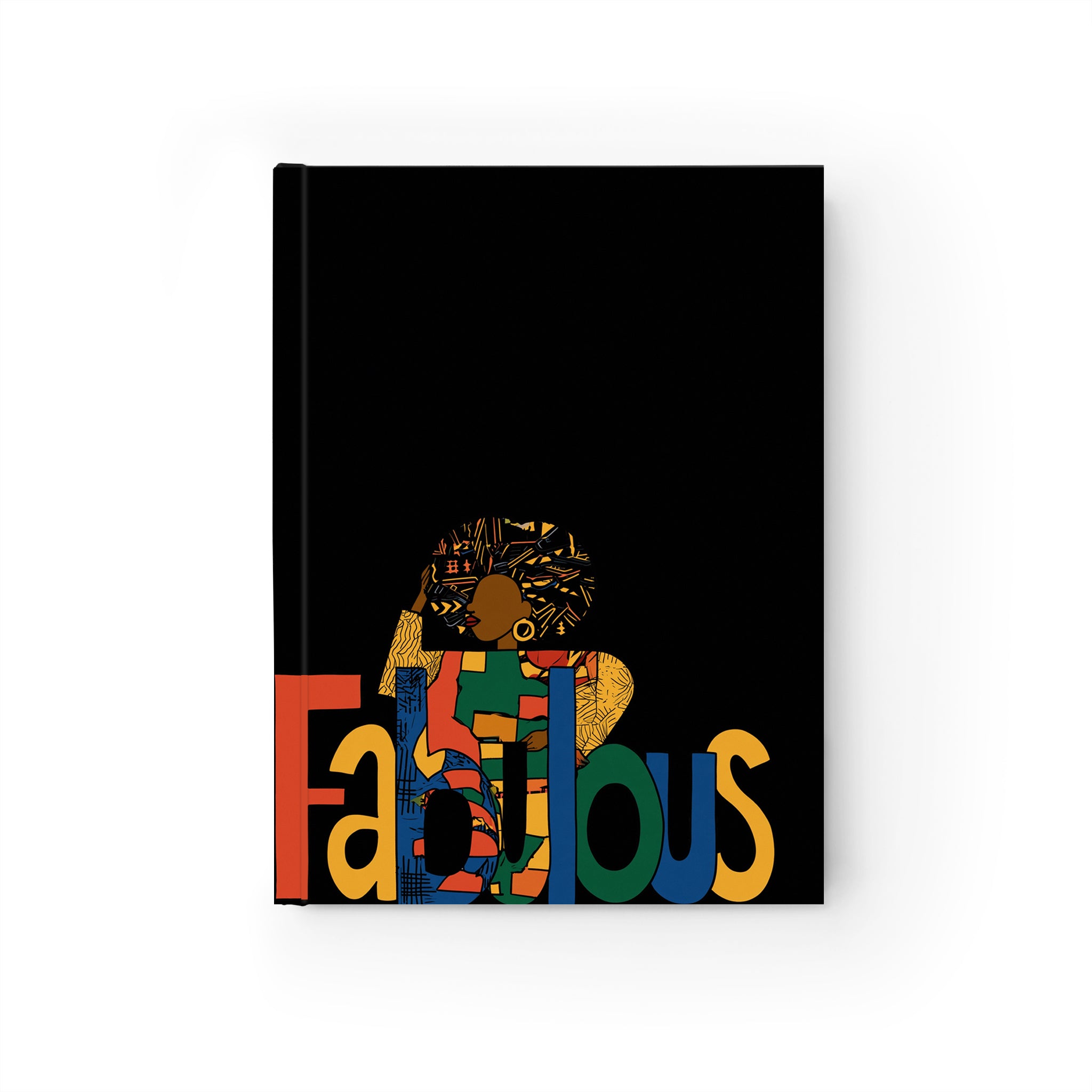 A black hardcover notebook or journal shown on a white background. The front cover features a colorful graphic with the word 'Fabulous' in large multicolored letters and a stylized figure above it.
