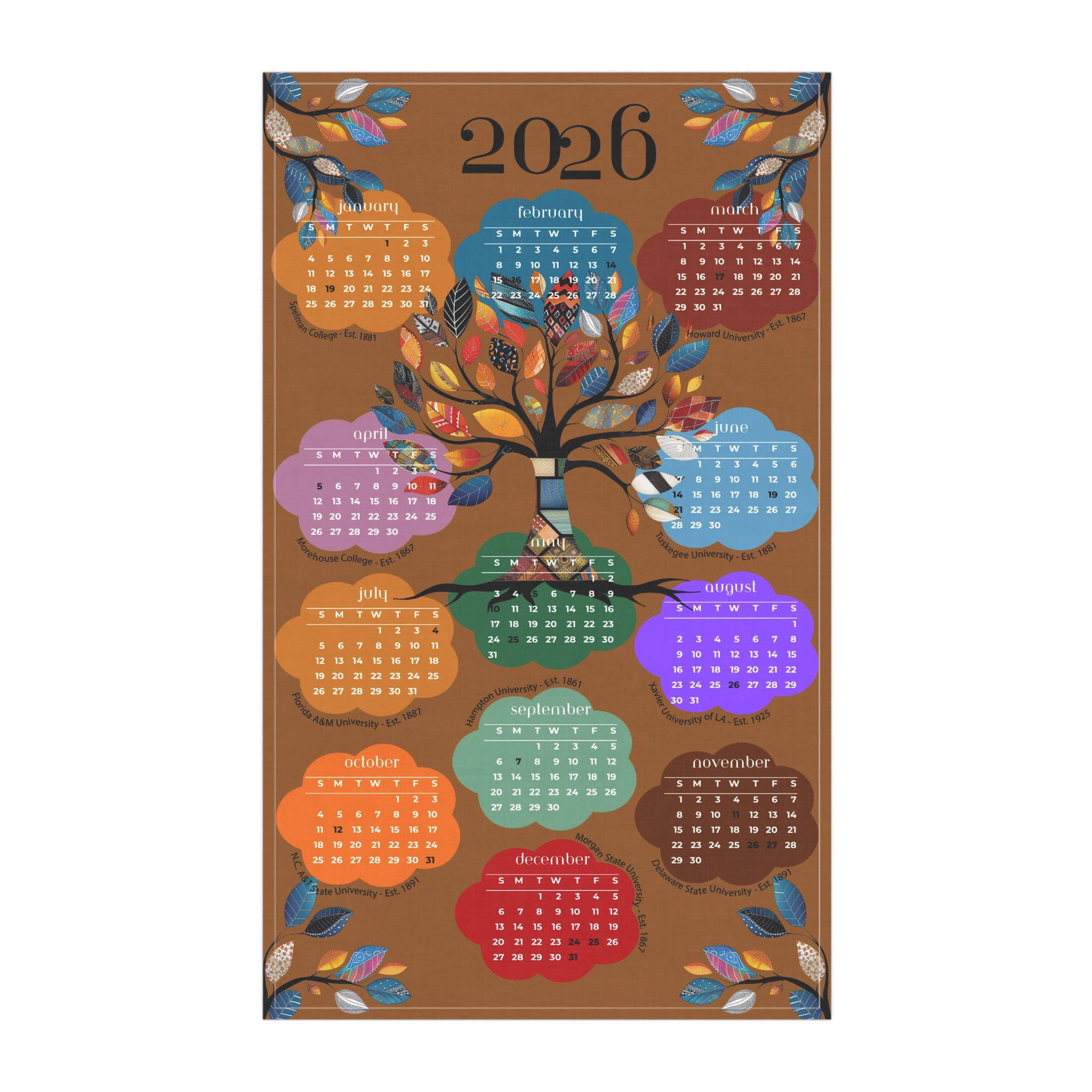 2026 Tea Towel Calendar featuring an abstract Tree of Life design with the names of the Top 10 HBCUs. Afrocentric kitchen decor and African American heritage gift.