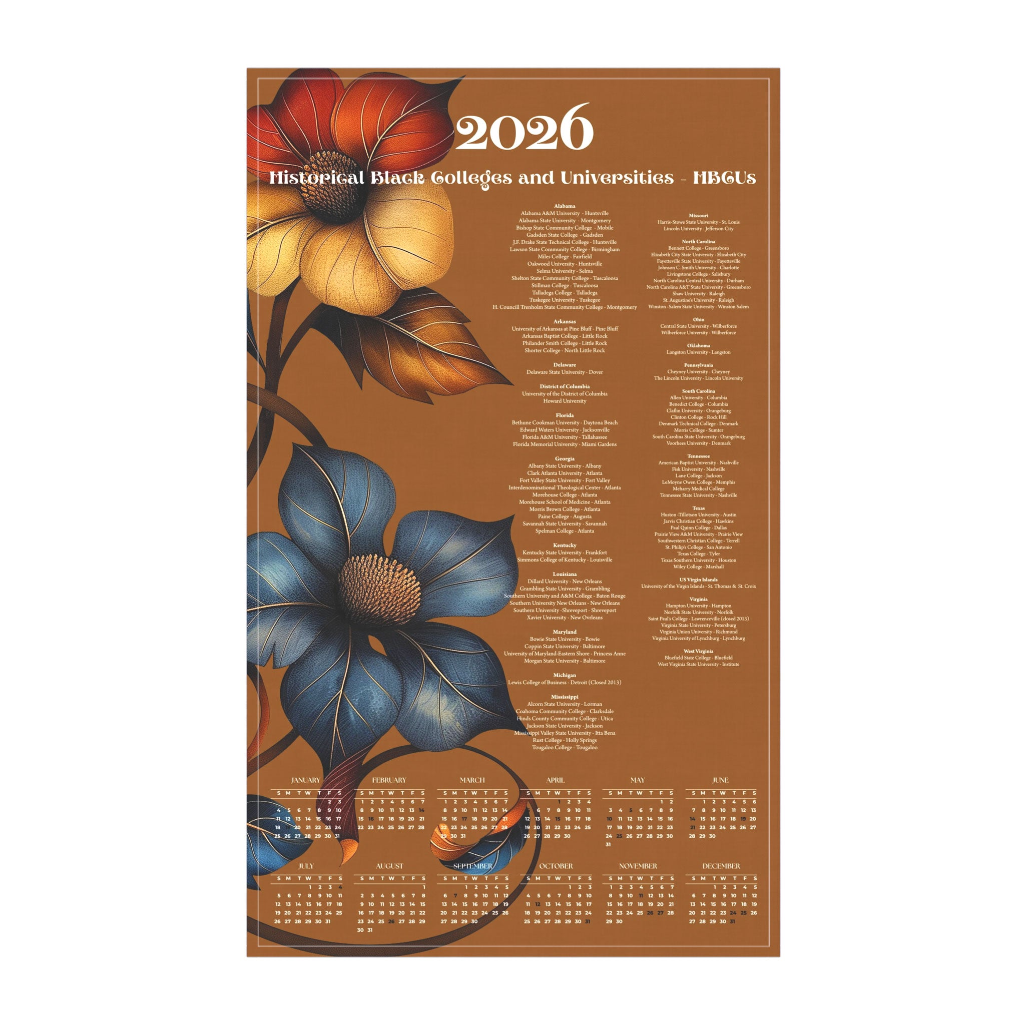2026 Tea Towel Calendar featuring Historical Black Colleges and Universities in every state with wildflower vine design – Afrocentric functional home decor.