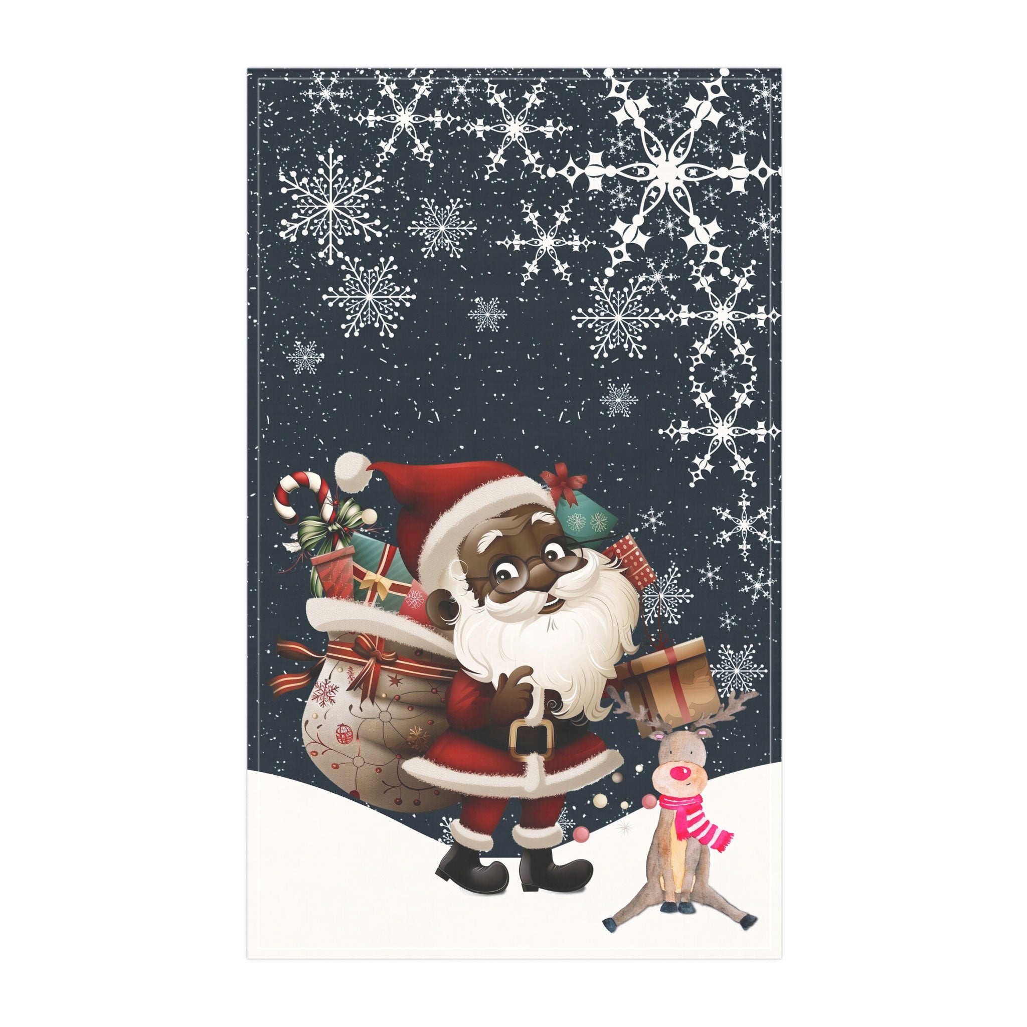 Black Santa and Reindeer Tea Towel with large snowflakes and falling snow – Afrocentric holiday kitchen decor.