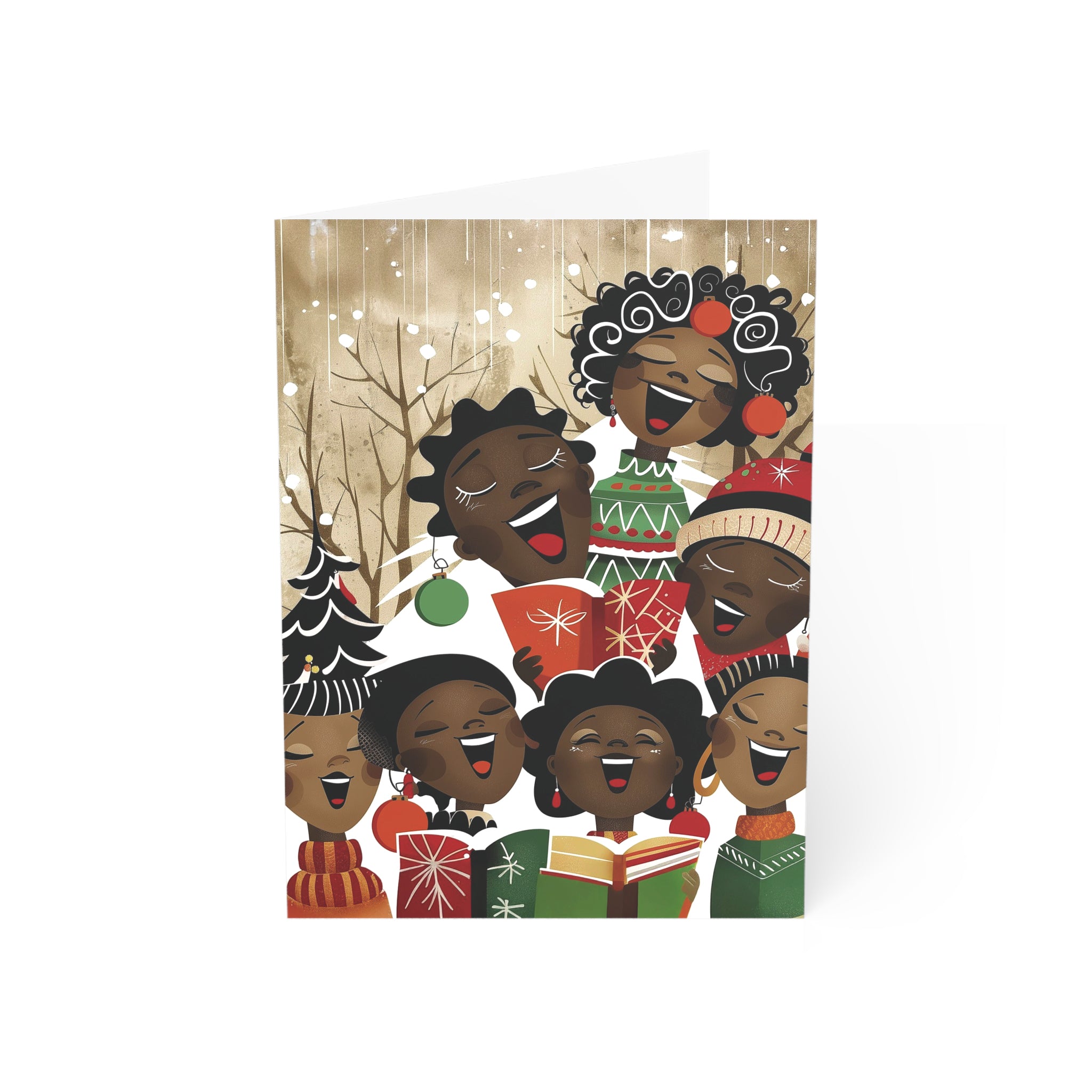 A folded greeting card featuring an illustrated group of Black children singing Christmas carols, shown against a plain white background.