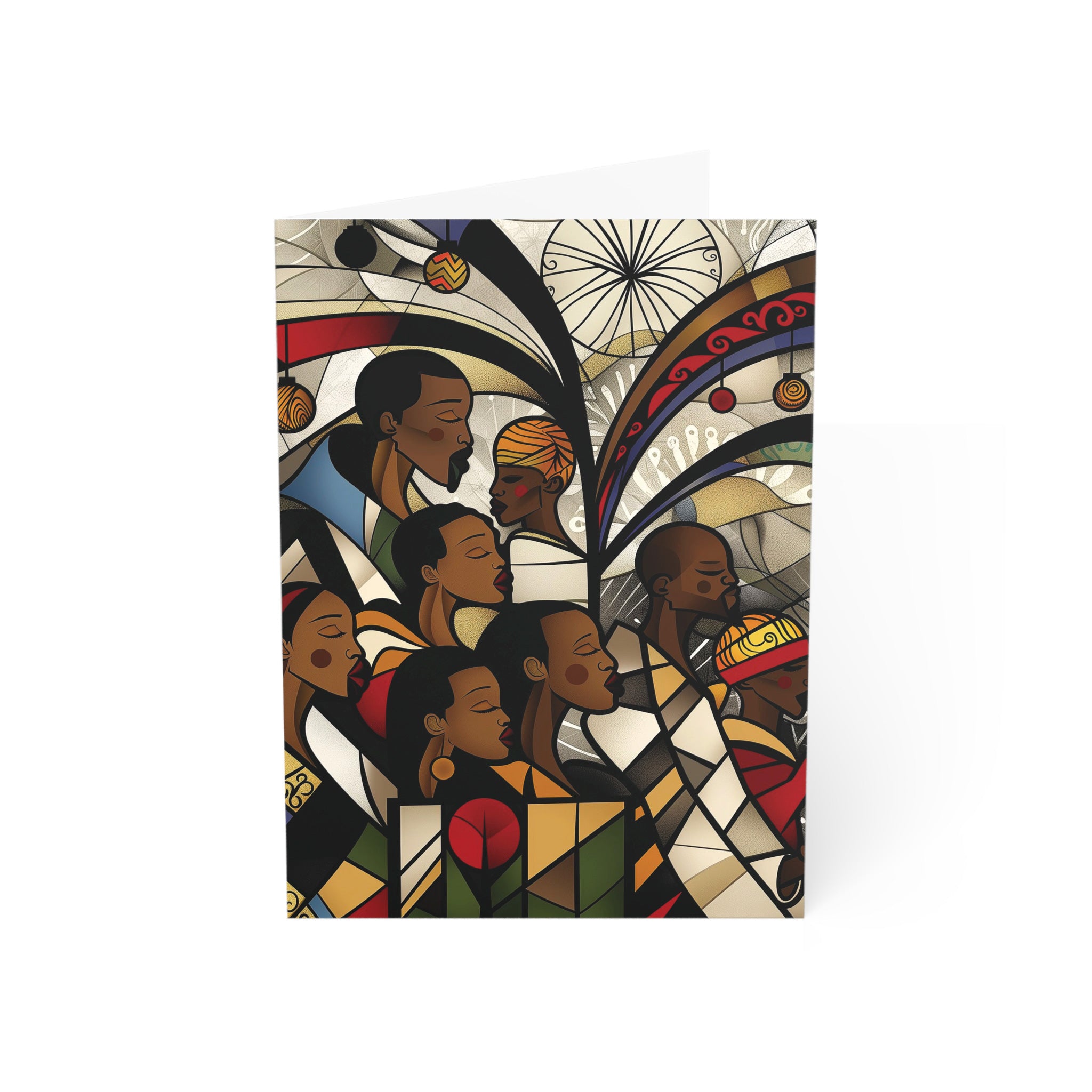 Vertical 5x7 African American Christmas card featuring a joyful Black choir in an artistic stained glass-inspired design.