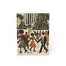 A 5x7 greeting card featuring a textured, folk-art style illustration of Black people ice skating at the Rockefeller Center in New York City in the snow around Christmas trees, shown standing upright on a white background.