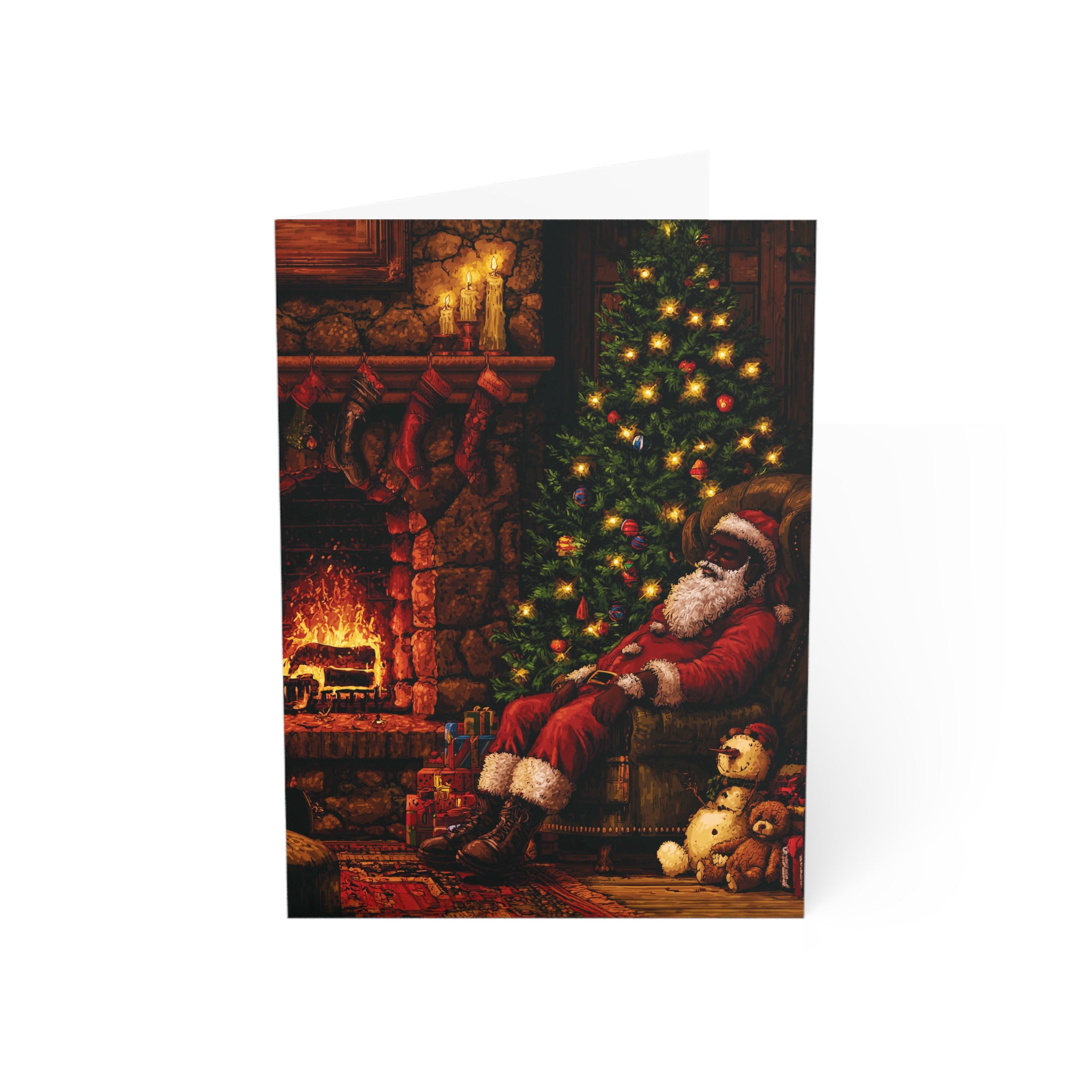 A Christmas-themed greeting card featuring an illustration of Black Santa Claus lounging in a cozy living room next to a lit Christmas tree and fireplace, shown against a plain white background.