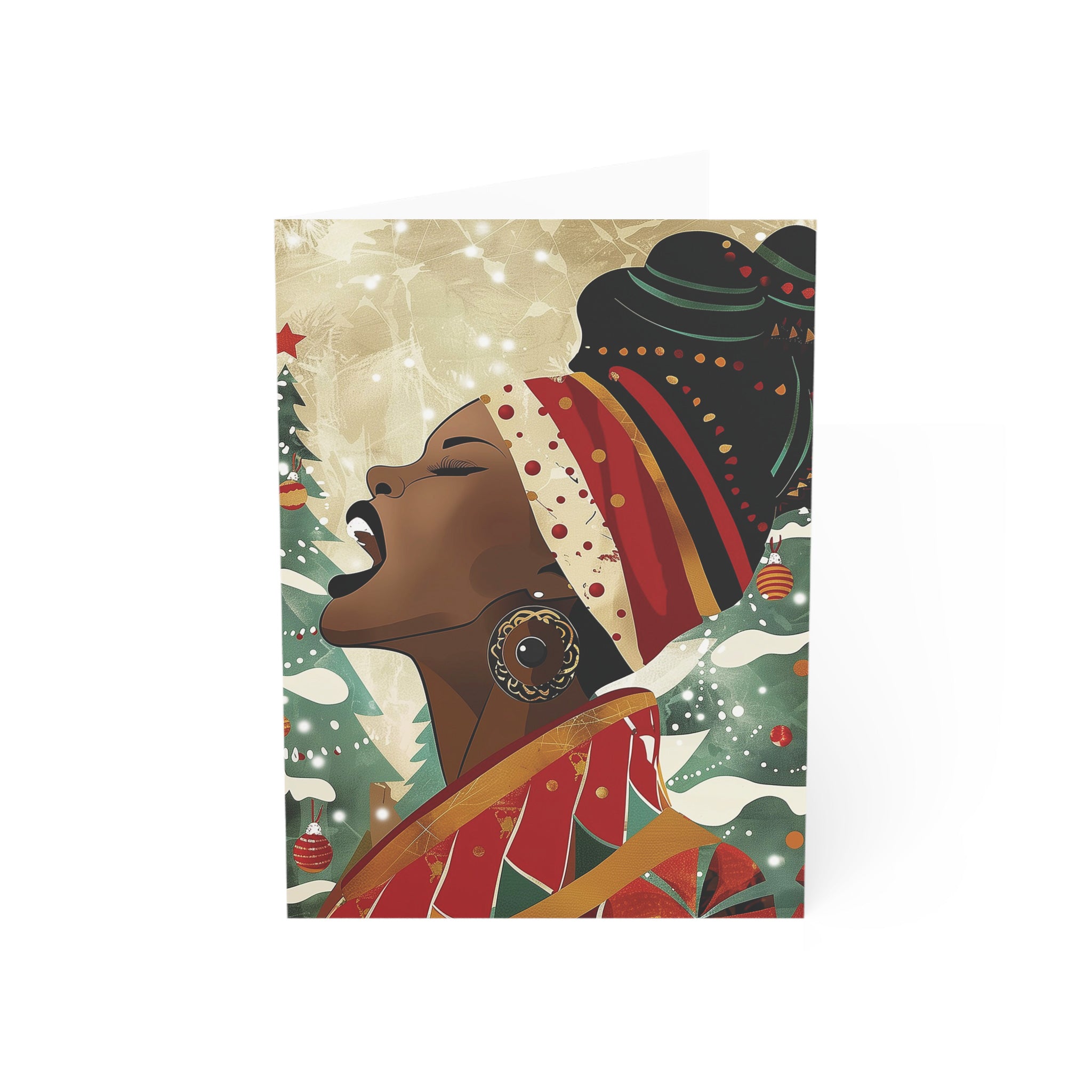 Black Woman Singer Christmas Card featuring a joyful Afrocentric holiday design of a Black woman singing, available as a single card or multipack with white envelopes.