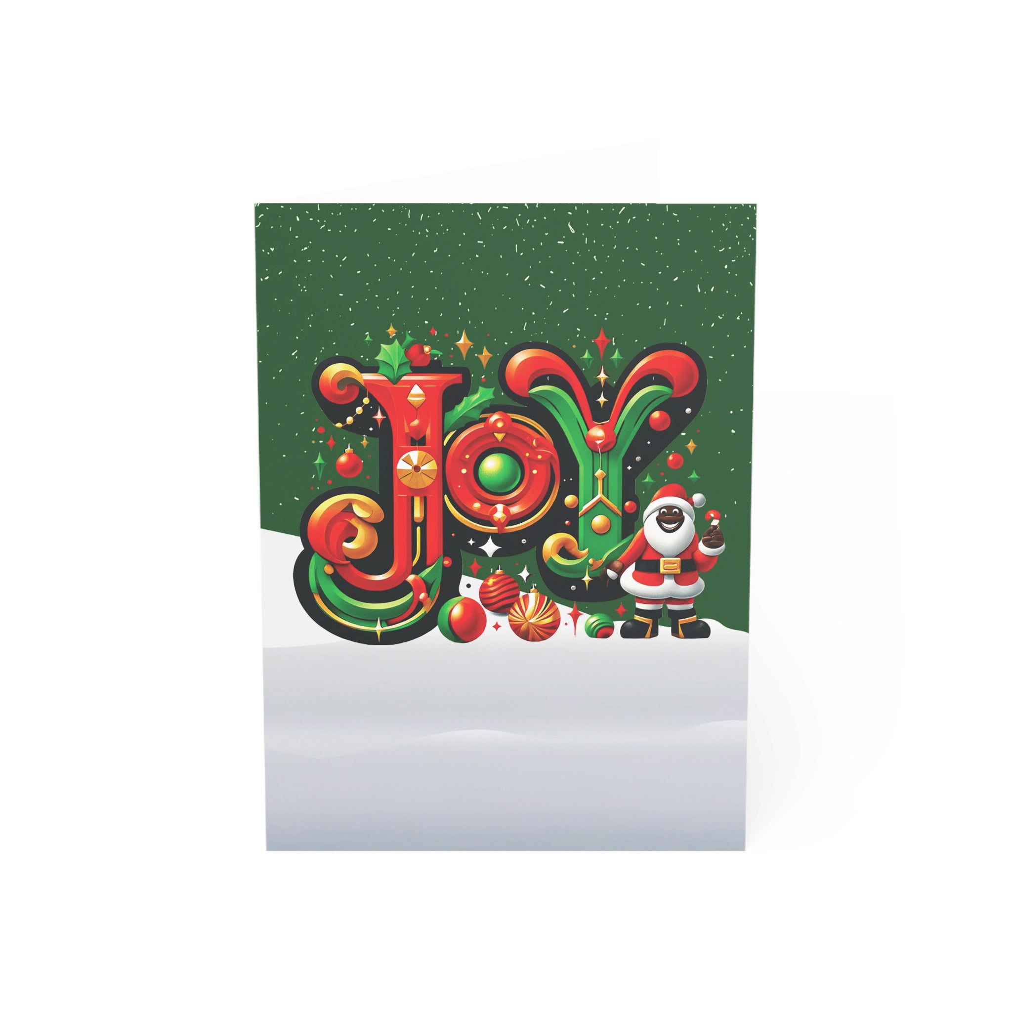 Black Santa Christmas Card featuring African American Santa Claus with the word “JOY,” Afrocentric holiday greeting card available as single or multipack with envelopes.