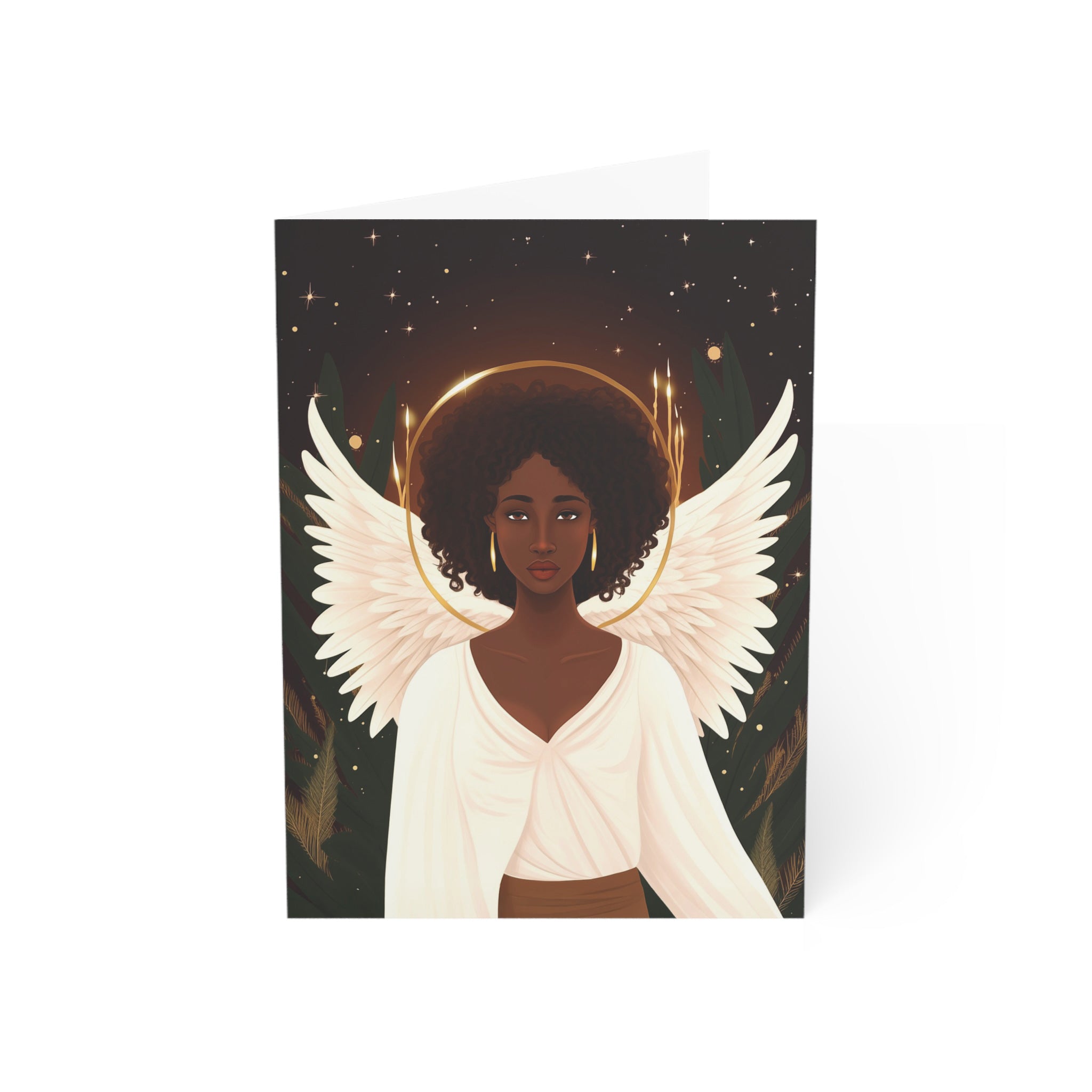 Black Woman Angel Holiday Greeting Card featuring an elegant African American angel illustration, available as a single card or multipack with envelopes.
