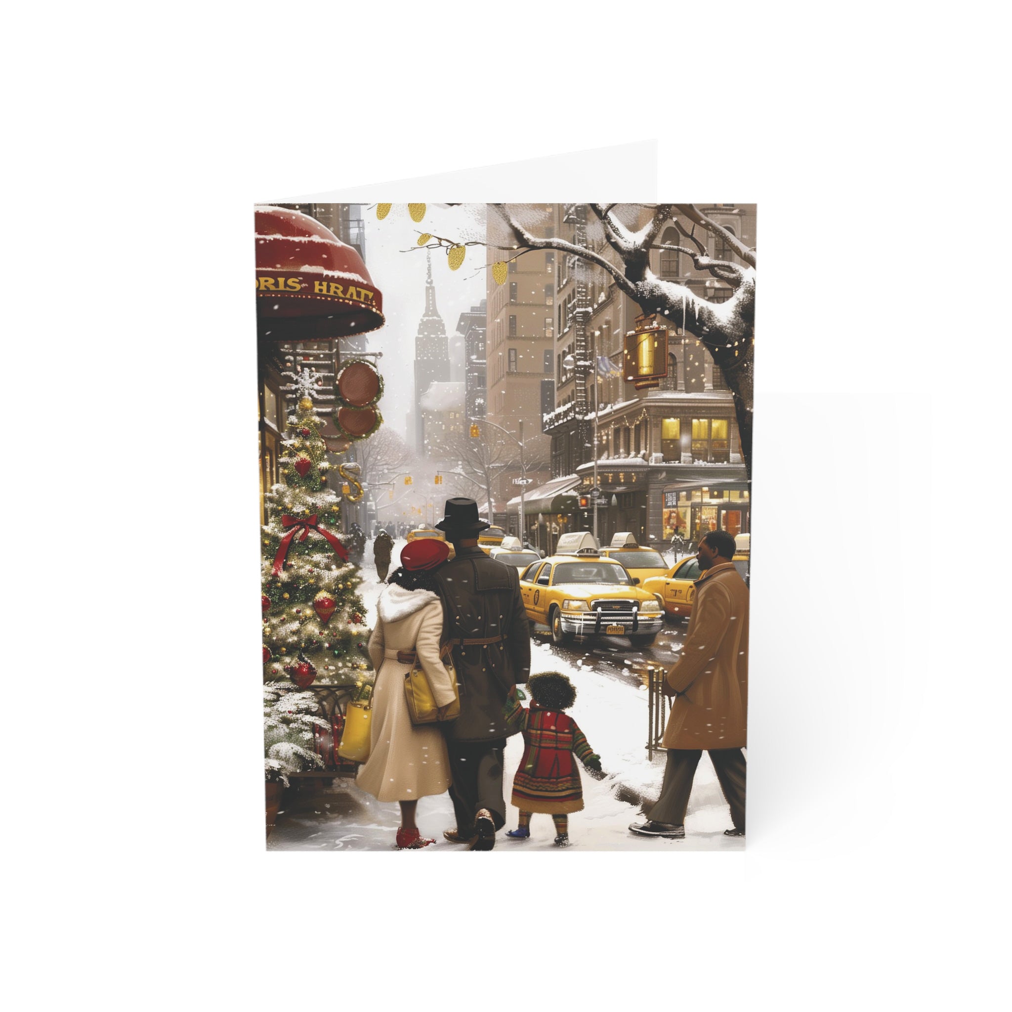 African American Family Christmas Card featuring a stylish Black family holiday shopping in New York City, Afrocentric holiday greeting card available as single or multipack with white envelopes.