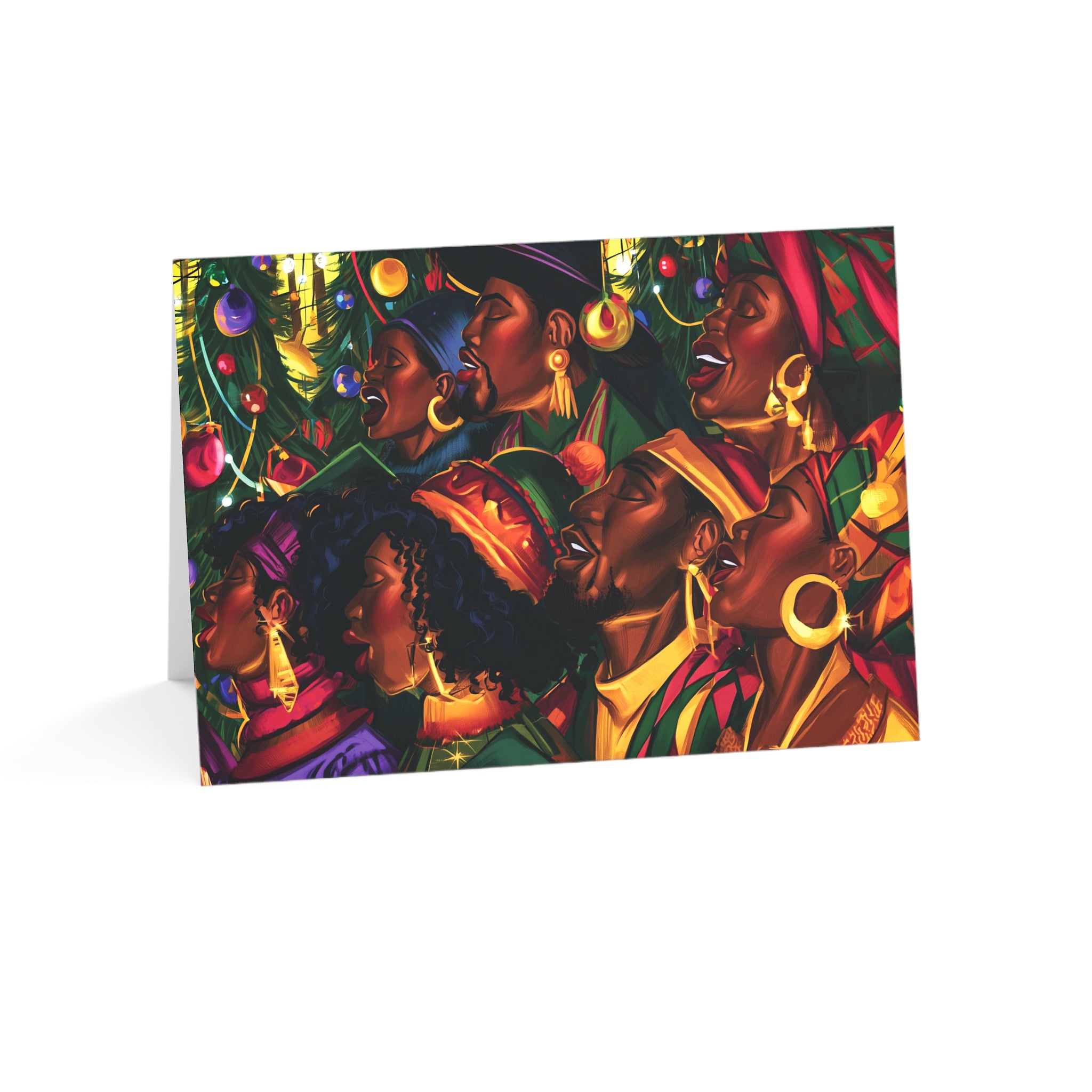 A horizontal Afrocentric Christmas greeting card featuring Black choir singers joyfully singing together in celebration of the Christmas holiday season.