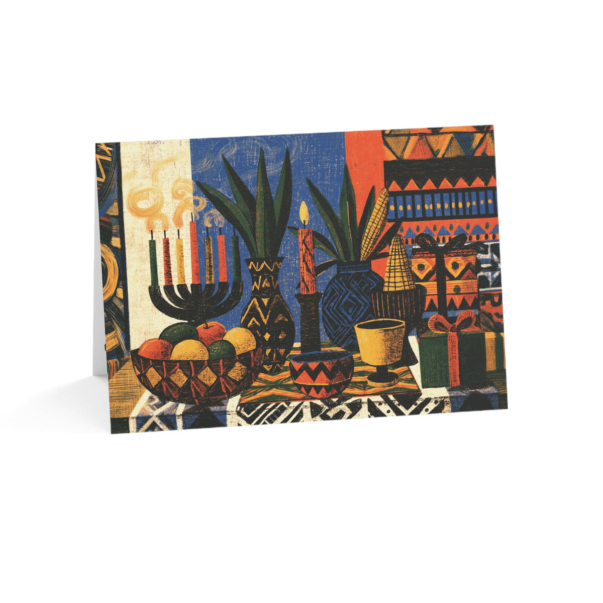Afrocentric Kwanzaa holiday greeting card celebrating Black heritage, African American culture, family, unity, community, and the Seven Principles of Kwanzaa.