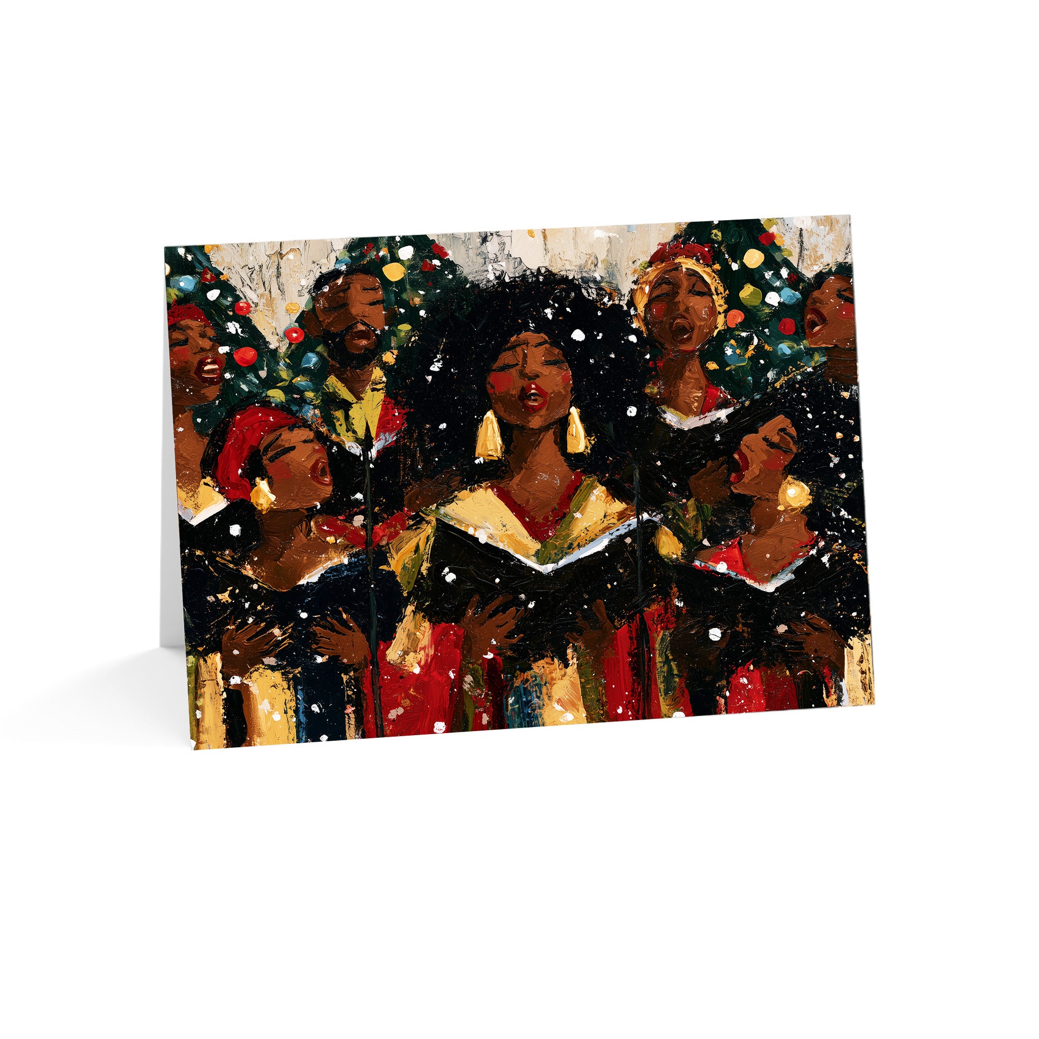 A horizontal Afrocentric Christmas greeting card featuring Black choir singers joyfully singing together in celebration of the Christmas holiday season.
