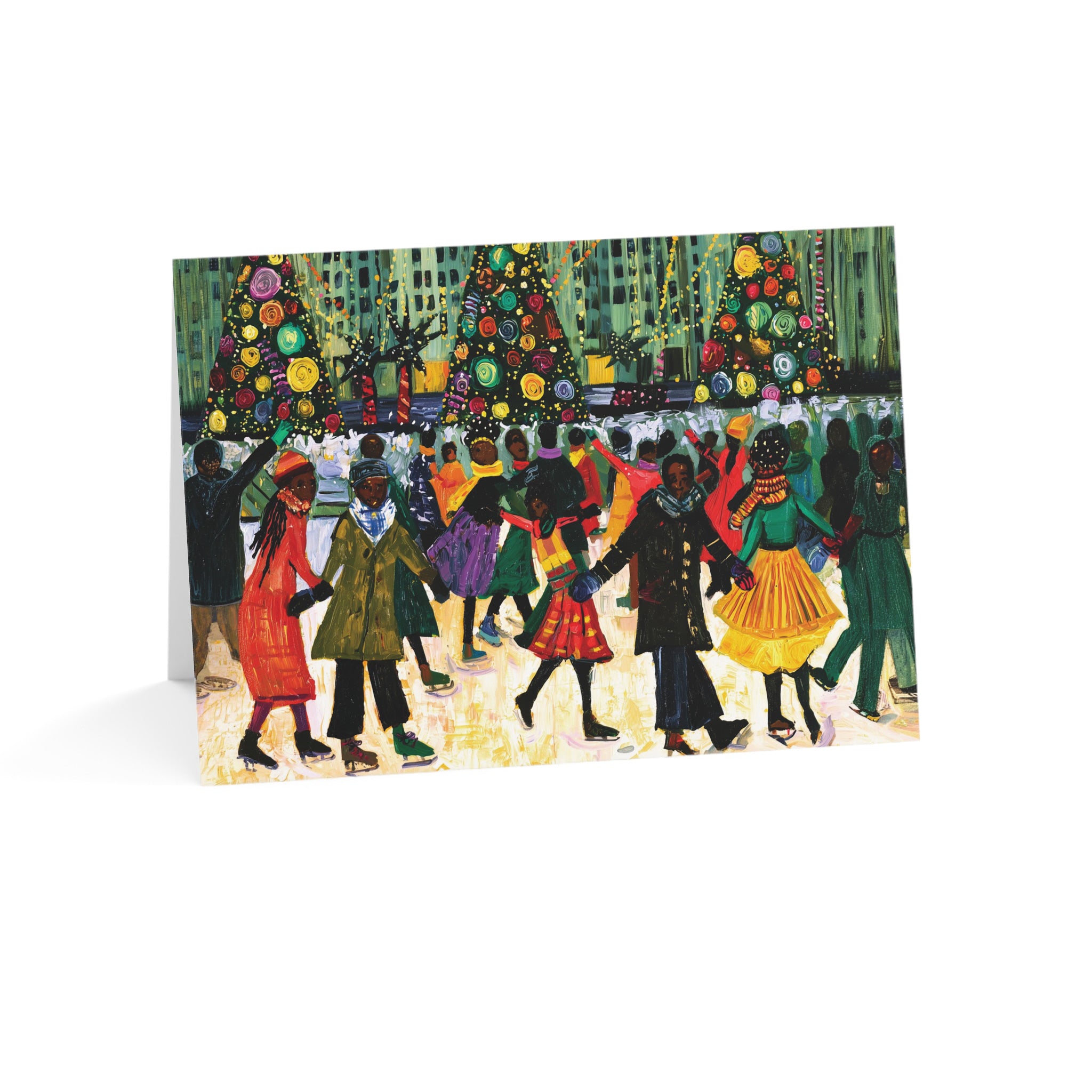 A horizontal greeting card featuring an abstract illustration of Black people ice skating at the Rockefeller Center in New York City in the snow around Christmas trees, shown standing upright on a white background.