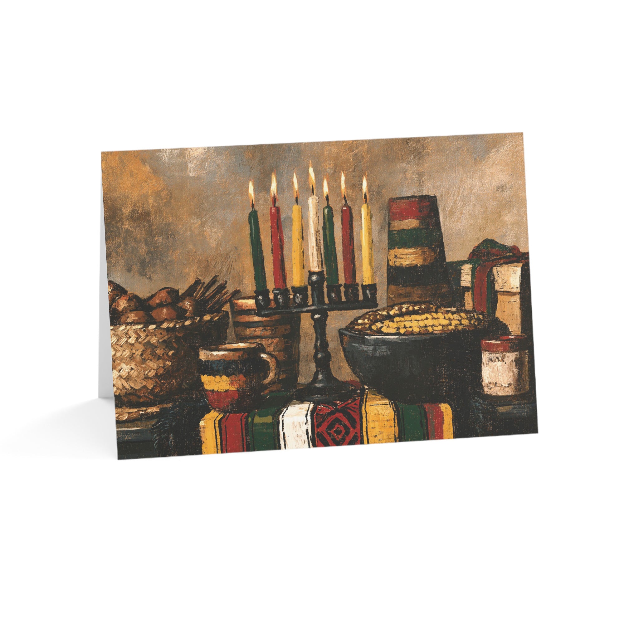 Afrocentric Kwanzaa holiday greeting card celebrating Black heritage, African American culture, family, unity, community, and the Seven Principles of Kwanzaa.