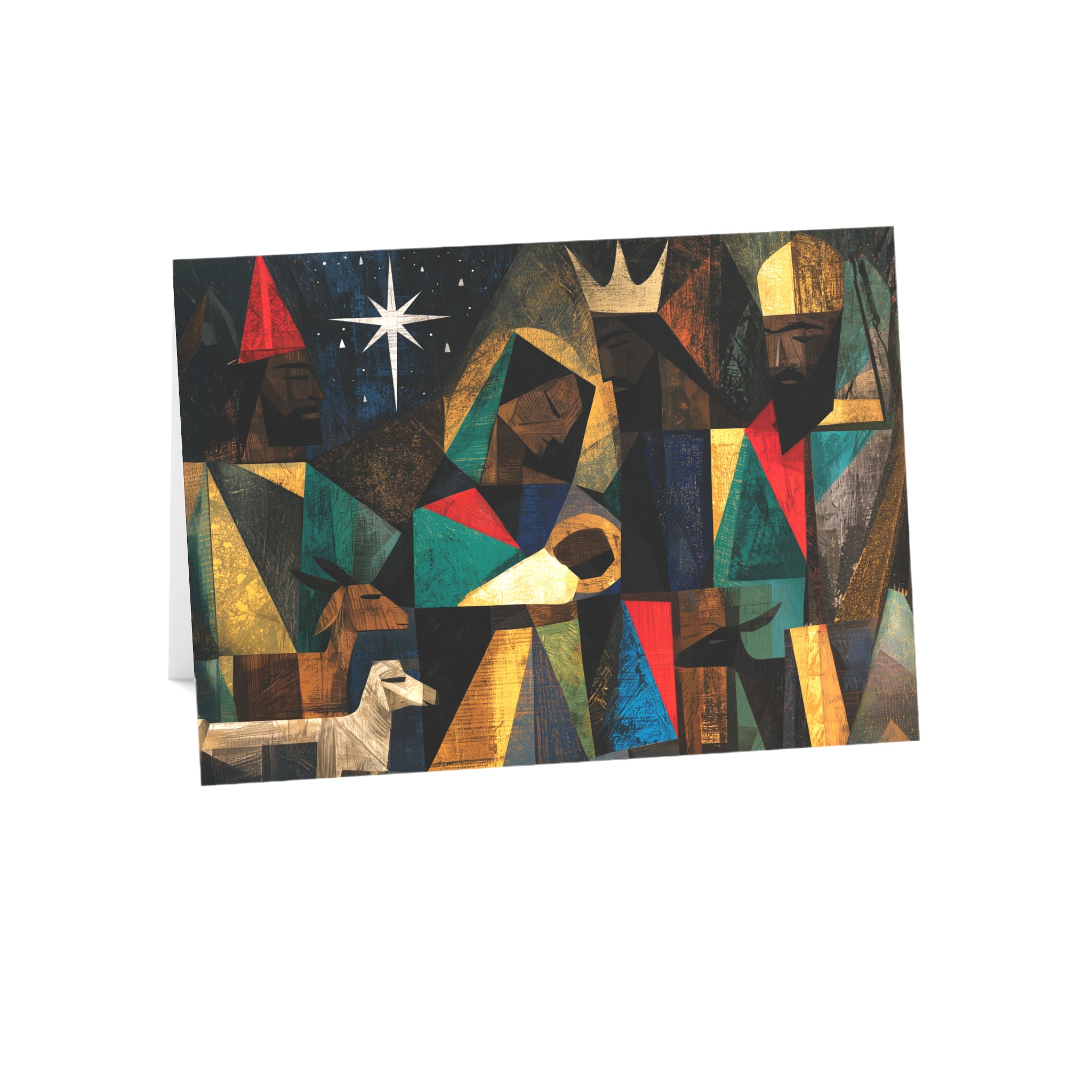 A Christmas greeting card featuring a colorful, stylized nativity scene with Black Baby Jesus, Mary, Joseph, Wise men and barn animals with a bright star in the night sky, placed against a clean white background.