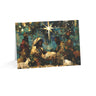 A Christmas greeting card featuring a colorful, stylized nativity scene with Black Baby Jesus, Mary, Joseph, Wise men and barn animals with a bright star in the night sky, placed against a clean white background.
