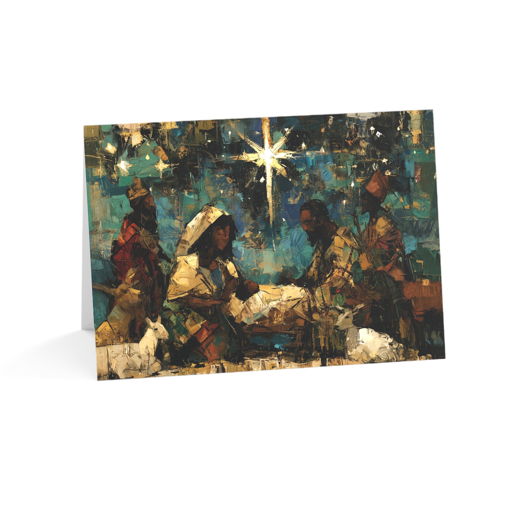 A Christmas greeting card featuring a colorful, stylized nativity scene with Black Baby Jesus, Mary, Joseph, Wise men and barn animals with a bright star in the night sky, placed against a clean white background.