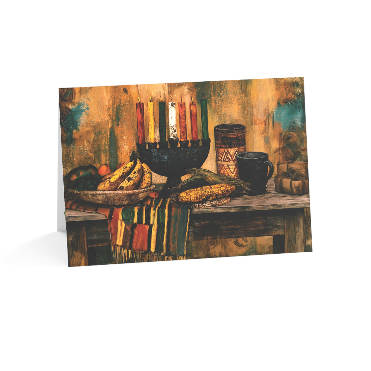 Afrocentric Kwanzaa holiday greeting card celebrating Black heritage, African American culture, family, unity, community, and the Seven Principles of Kwanzaa.