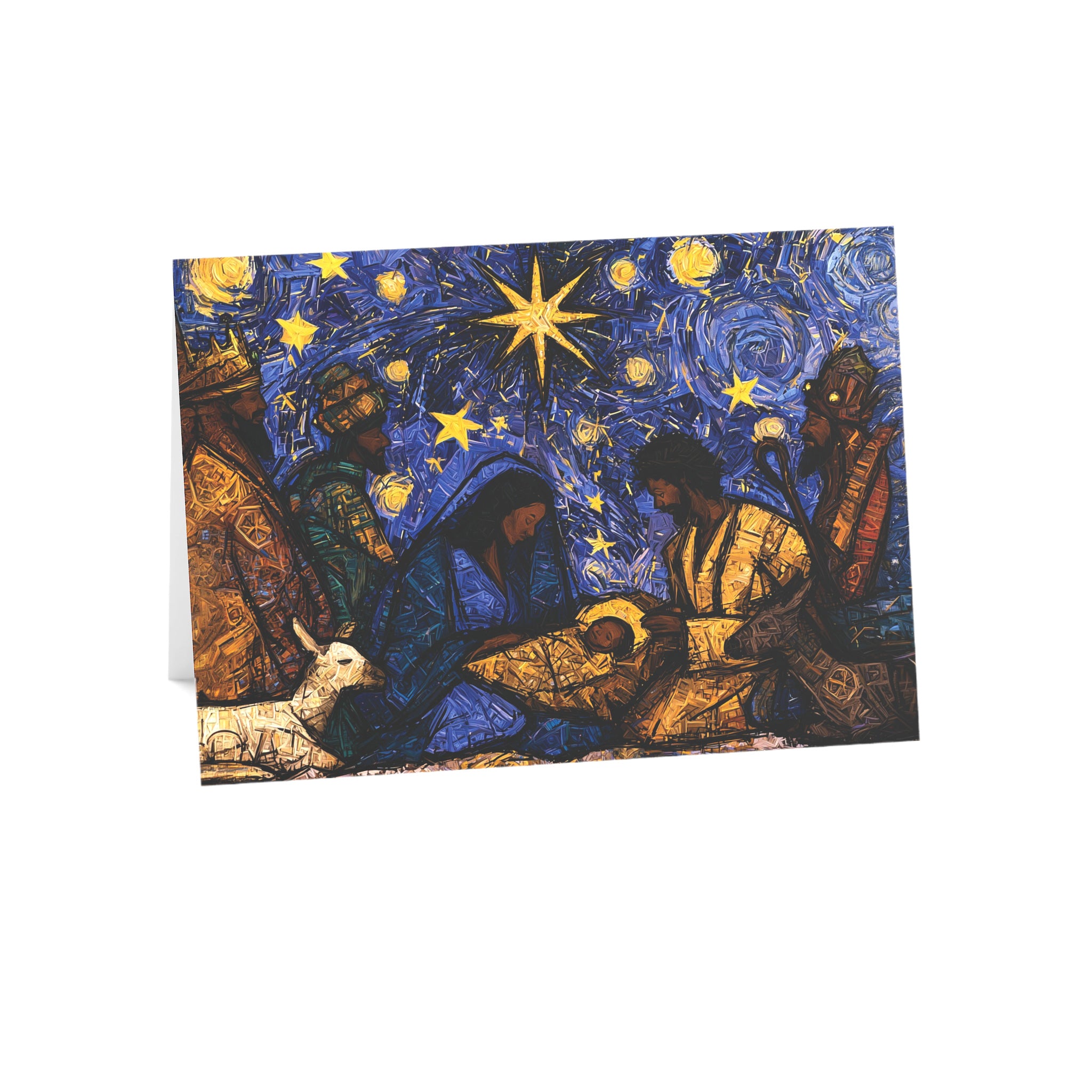 A Christmas greeting card featuring a colorful, stylized nativity scene with Black Baby Jesus, Mary, Joseph, Wise men and barn animals with a bright star in the night sky, placed against a clean white background.