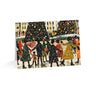 A horizontal greeting card featuring an abstract illustration of Black people ice skating at the Rockefeller Center in New York City in the snow around Christmas trees, shown standing upright on a white background.
