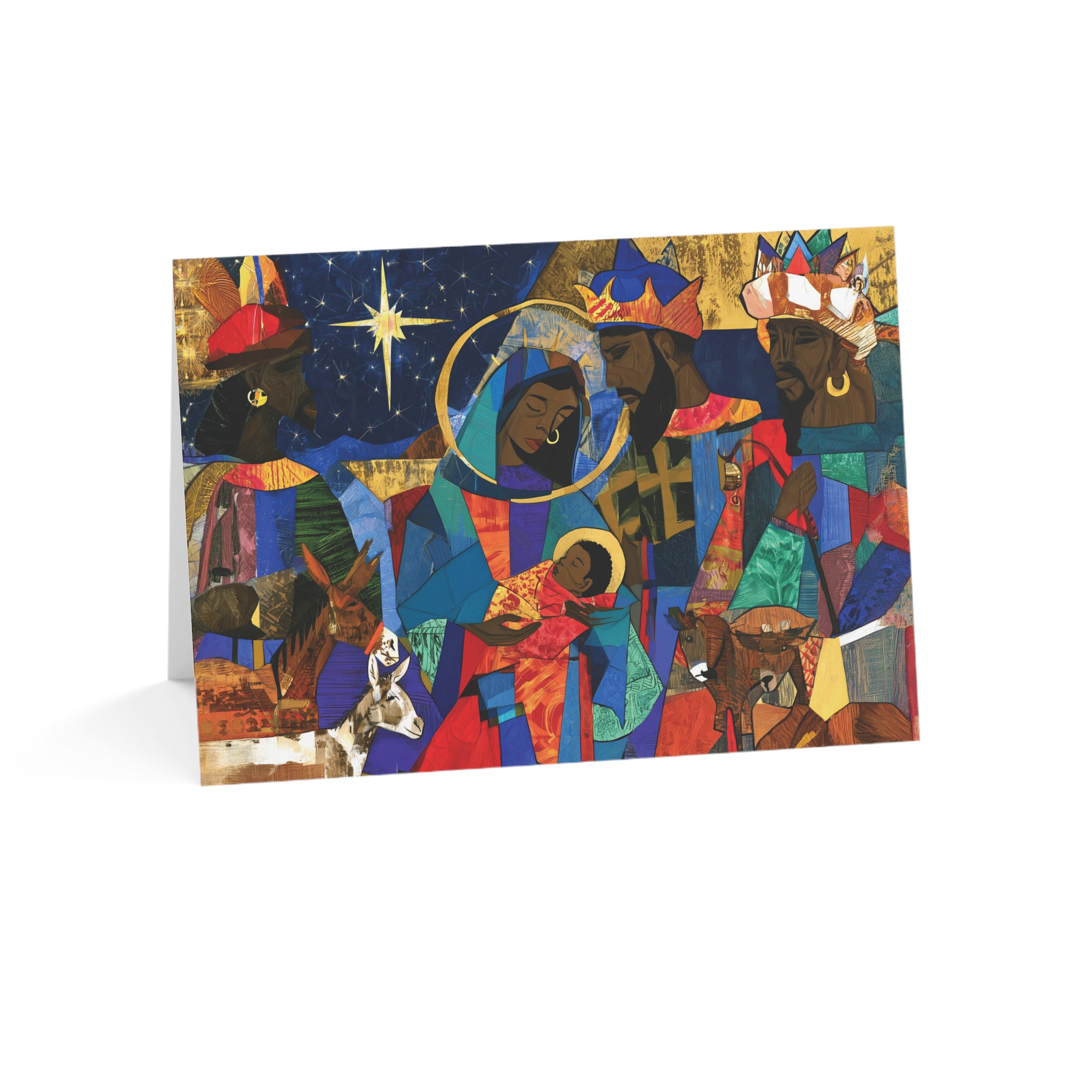 A Christmas greeting card featuring a colorful, stylized nativity scene with Black Jesus, Mary, Joseph, Wise men and barn animals with a bright star in the night sky, placed against a clean white background.