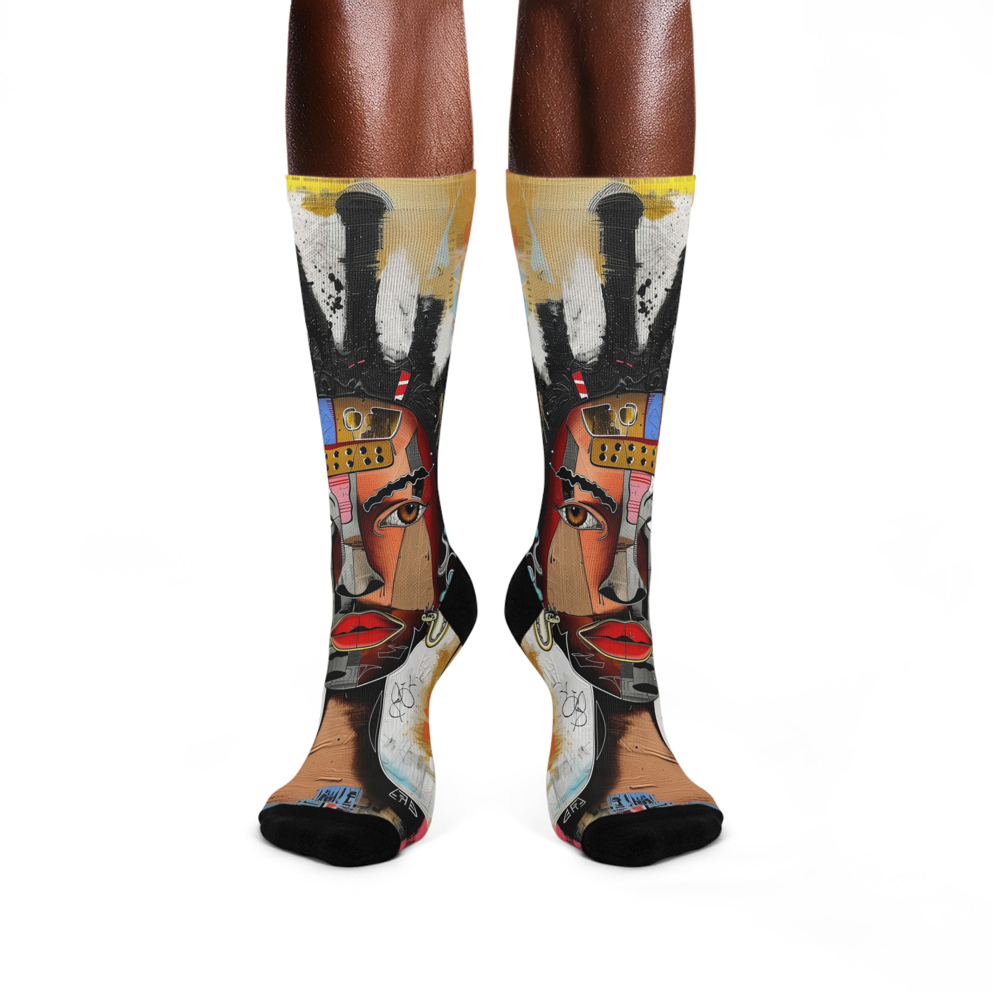 Abstract Afrocentric t-shirt featuring a split-face portrait of a Black man, half human and half robot, with expressive facial features and futuristic mechanical details in an Afrofuturism art style.