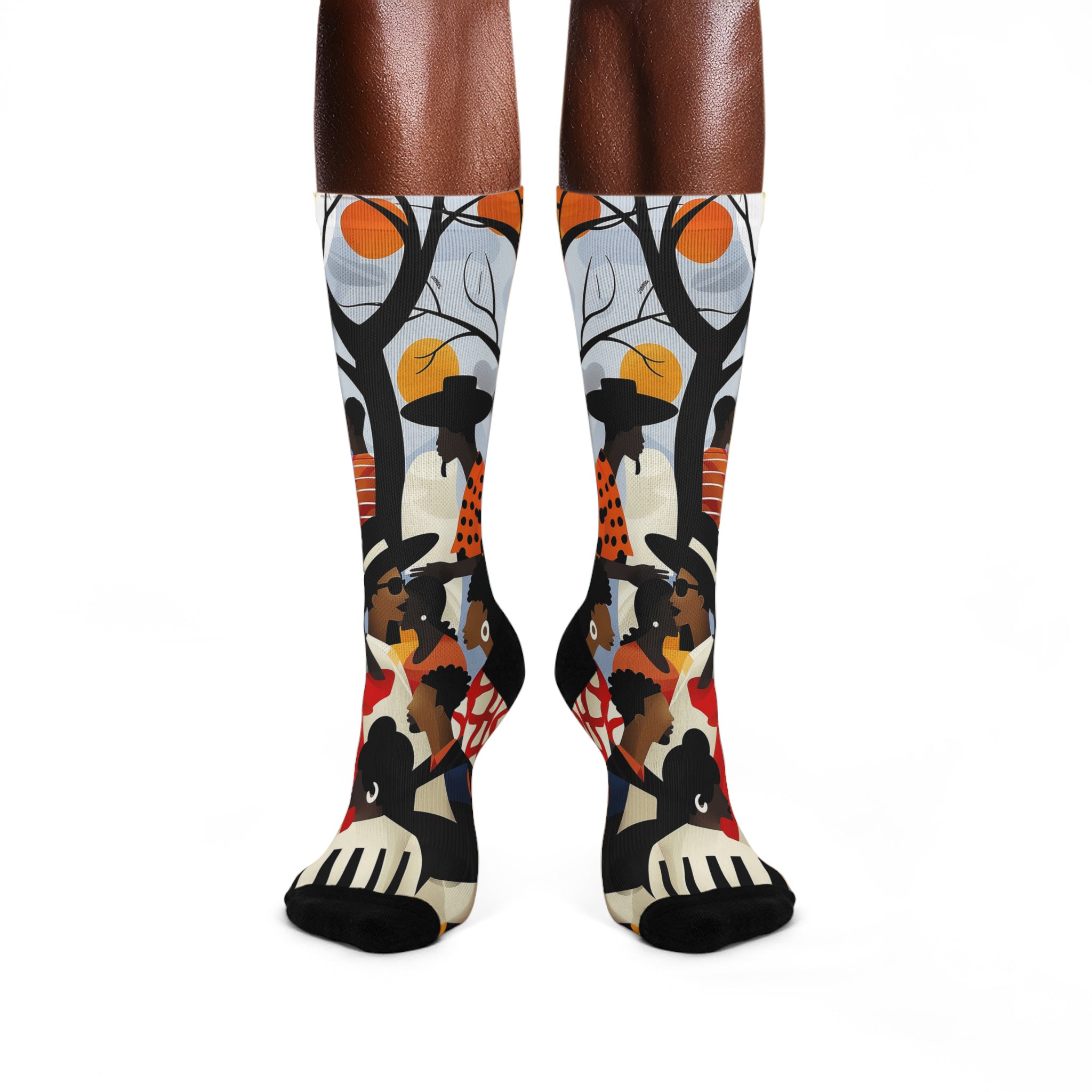 Juneteenth picnic crew socks featuring Afrocentric art of a joyful Picnic in the Park celebration, symbolizing Black culture, freedom, and community.