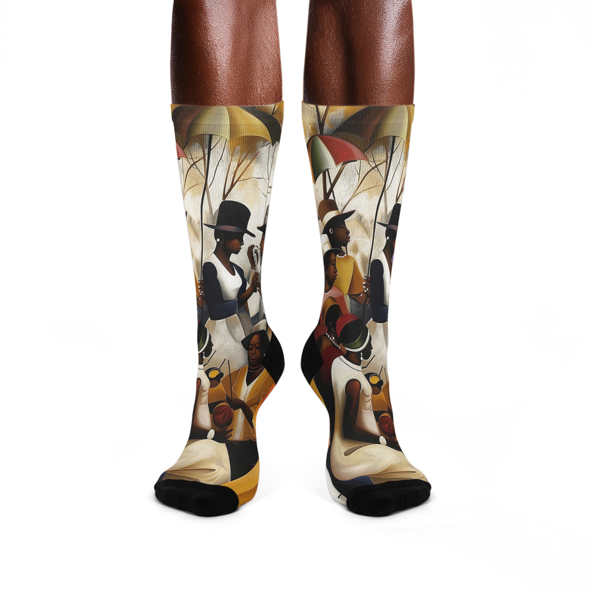 Juneteenth picnic crew socks featuring Afrocentric art of a joyful Picnic in the Park celebration, symbolizing Black culture, freedom, and community.