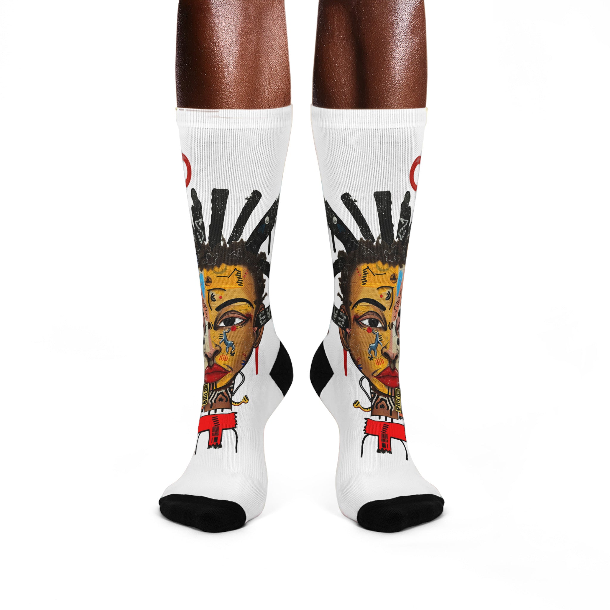 Abstract Afrocentric crew socks featuring a continuous calf wrap print of a Black man with a split human and robot face in an Afrofuturism art style, with black heel and toe panels. Series 02