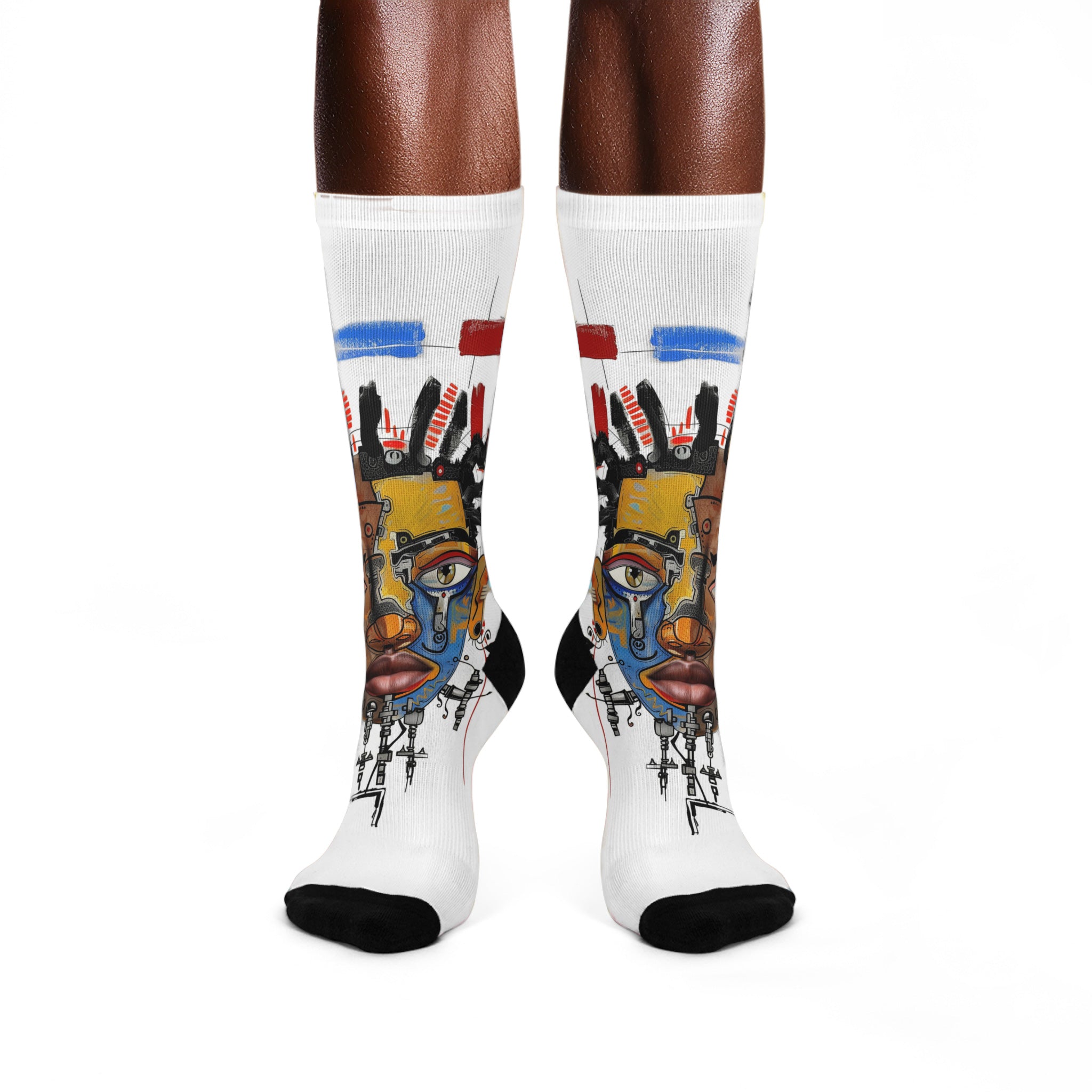 Abstract Afrocentric crew socks featuring a continuous calf wrap print of a Black man with a split human and robot face in an Afrofuturism art style, with black heel and toe panels. Series 03