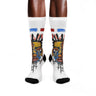 Abstract Afrocentric crew socks featuring a continuous calf wrap print of a Black man with a split human and robot face in an Afrofuturism art style, with black heel and toe panels. Series 03
