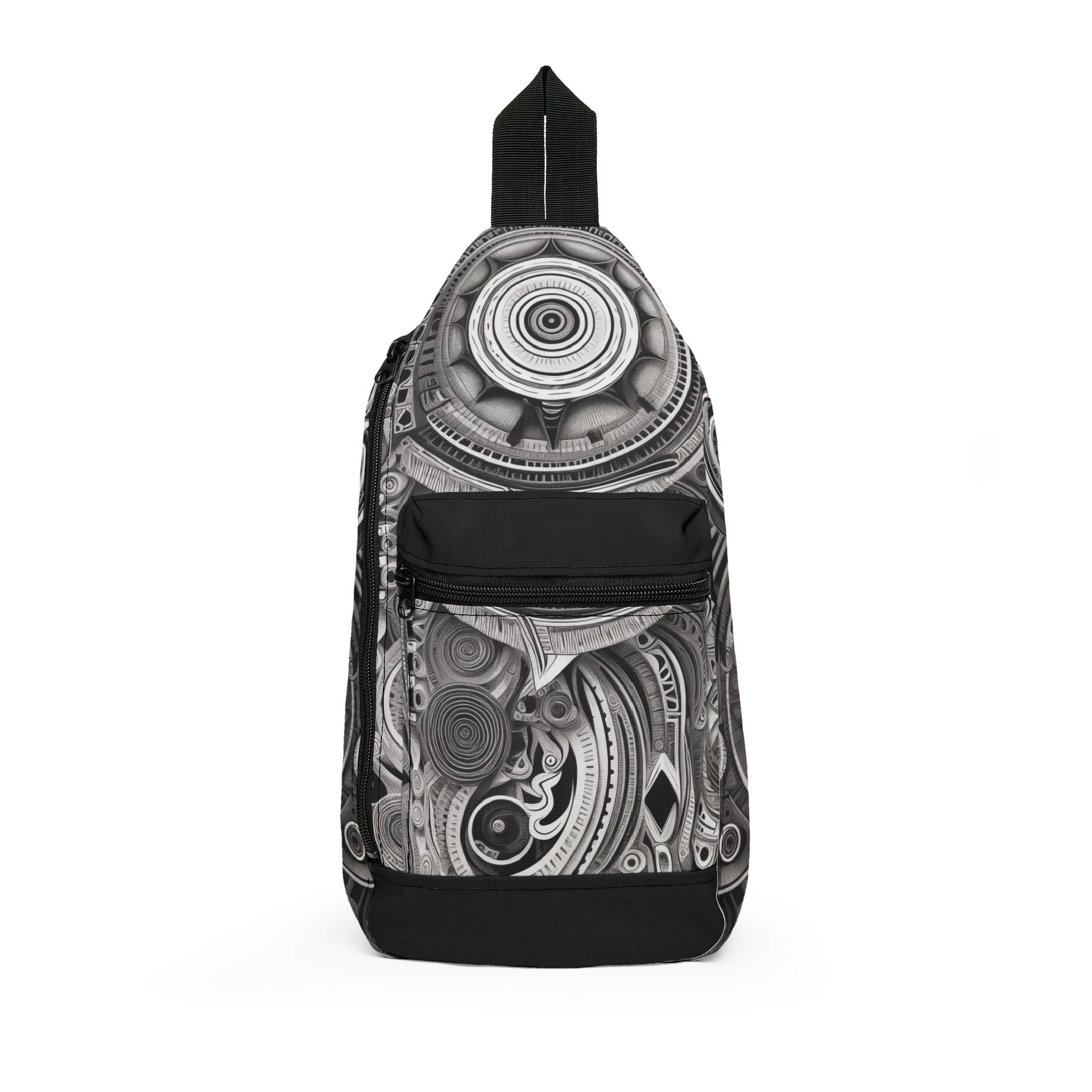Black and white abstract Afrofuturism crossbody sling bag featuring futuristic geometric artwork, bold monochrome patterns, cultural design elements, and contemporary wearable art styling.