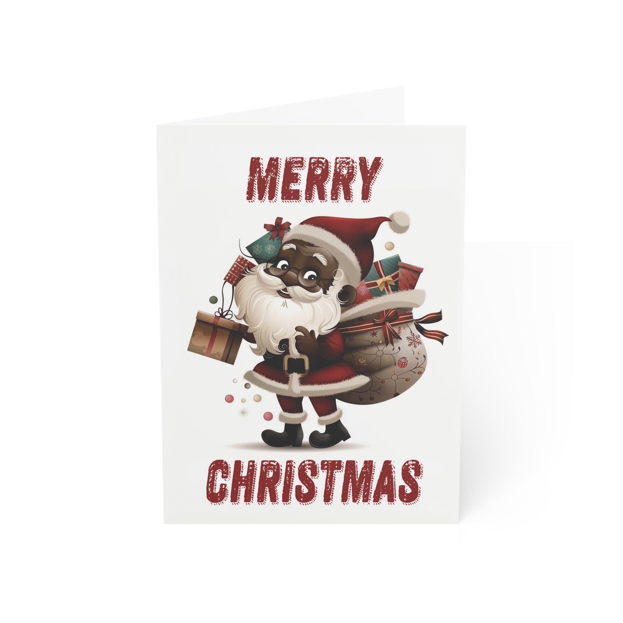 African American Santa Christmas Card – Afrocentric holiday greeting featuring a Black Santa Claus design, festive Christmas card with envelope.