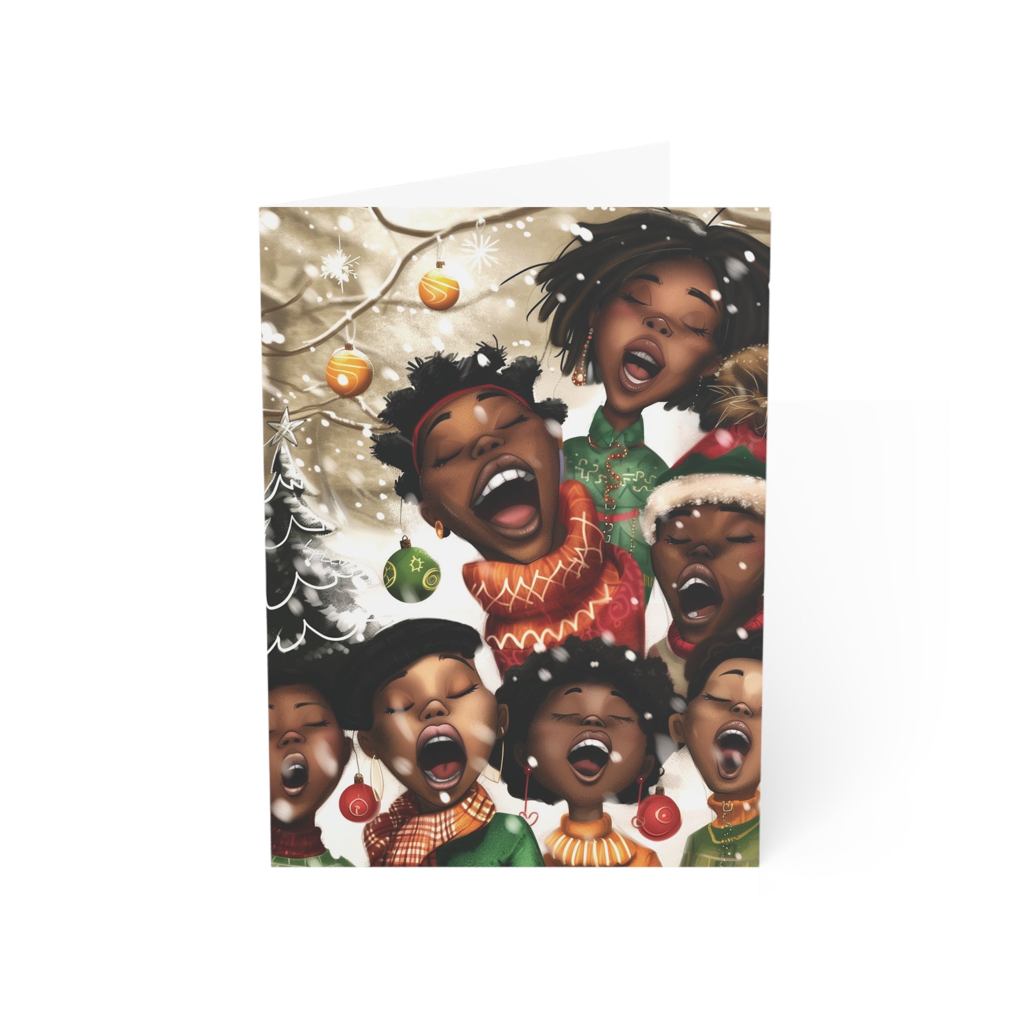 A Christmas-themed greeting card featuring a festive illustration of multiple children singing in the snow, with holiday ornaments, trees, and warm lights. The card is shown standing upright against a clean white background.