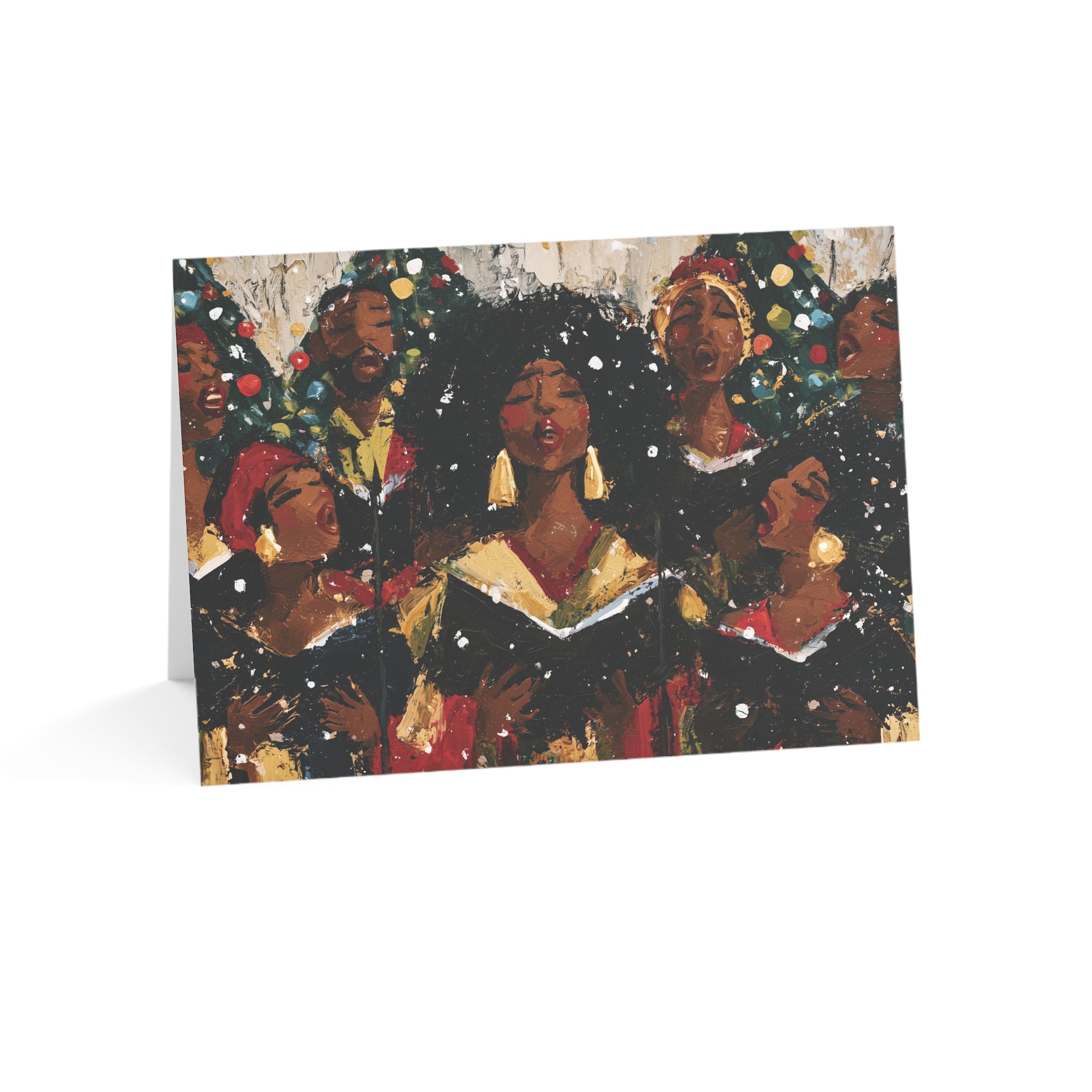 A horizontal Afrocentric Christmas greeting card featuring Black choir singers joyfully singing together in celebration of the Christmas holiday season.
