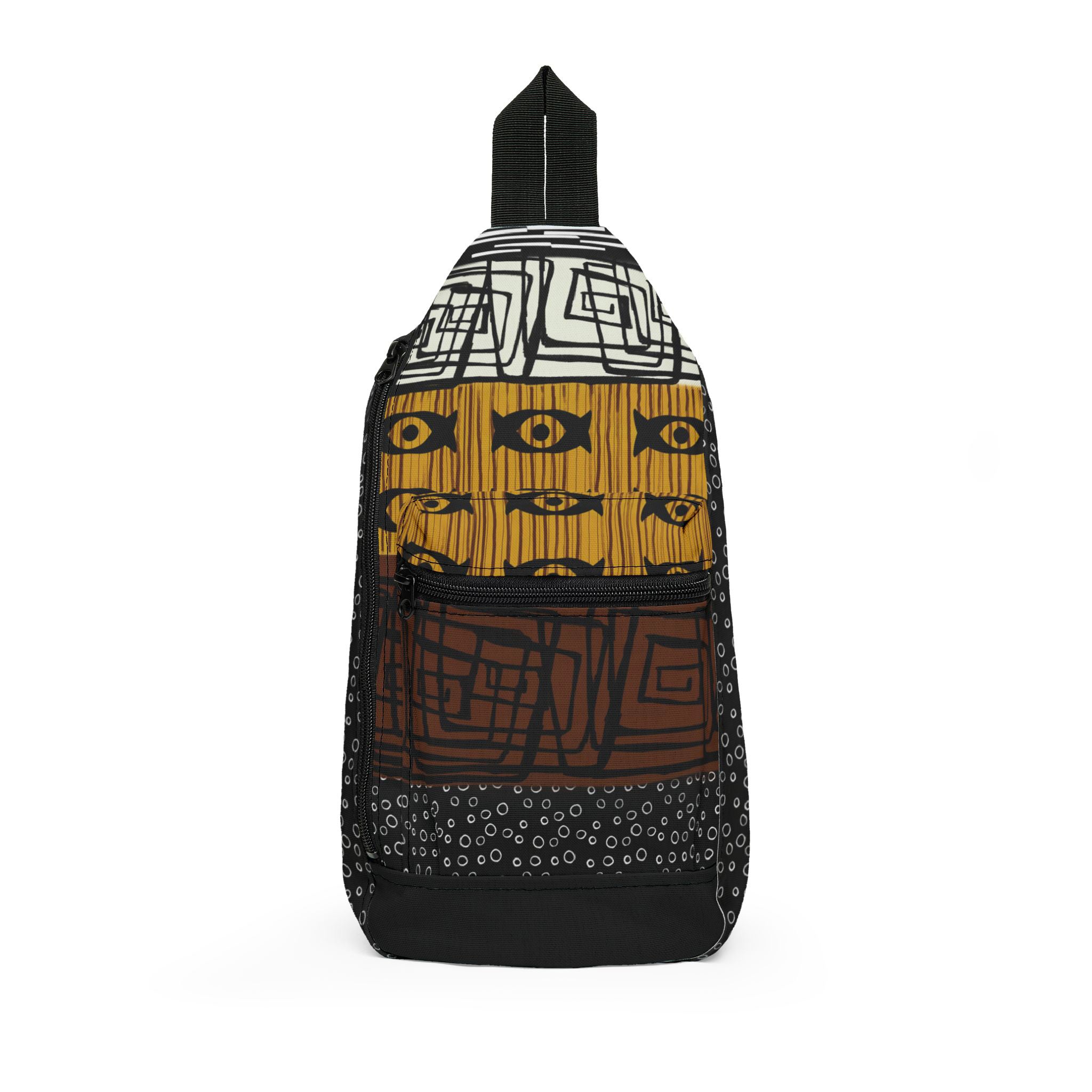 Mud cloth pattern crossbody sling bag featuring traditional African-inspired geometric designs in black and white, stylish Afrocentric travel accessory for everyday use.
