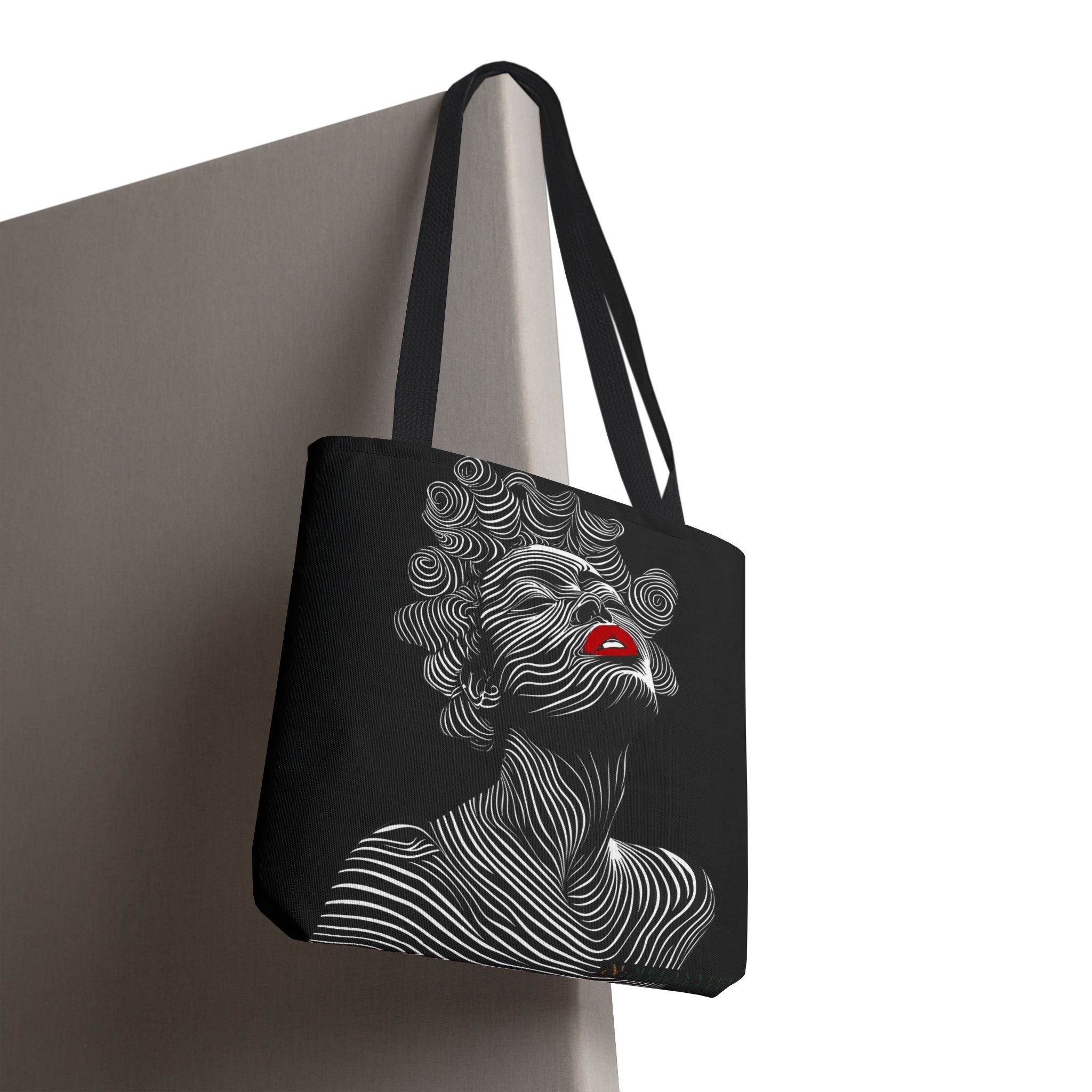 Black Girl Bantu Knots Tote Bag featuring minimalist line art of a Melanin Queen with Bantu knots. A stylish and durable accessory celebrating Black beauty and culture.