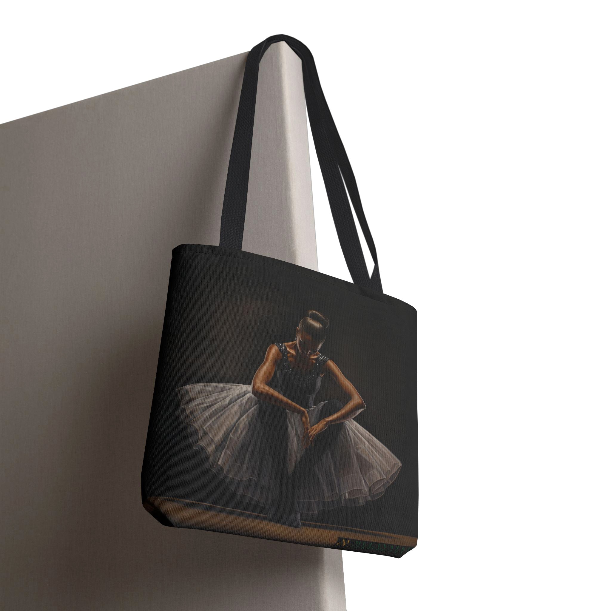 Black Ballet Dancer Tote Bag featuring a brown skin girl in a white tutu captured in a graceful ballet pose, Afrocentric ballet gift tote.