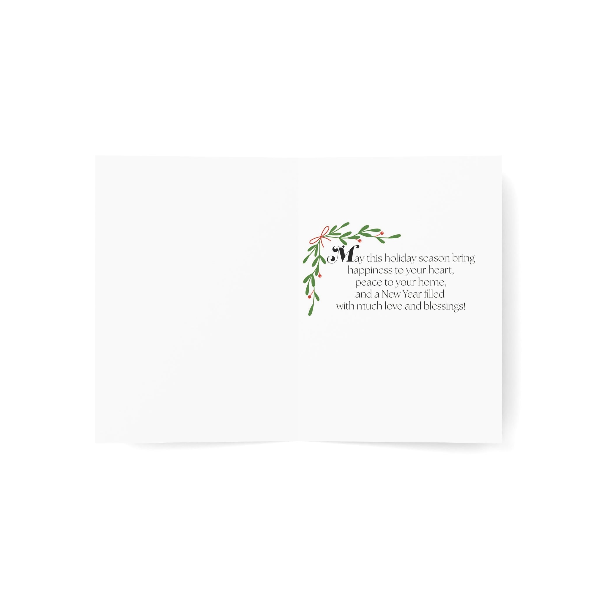 A white greeting card with a small green and pink floral wreath illustration and a short holiday message printed on the right side, shown on a clean white background.
