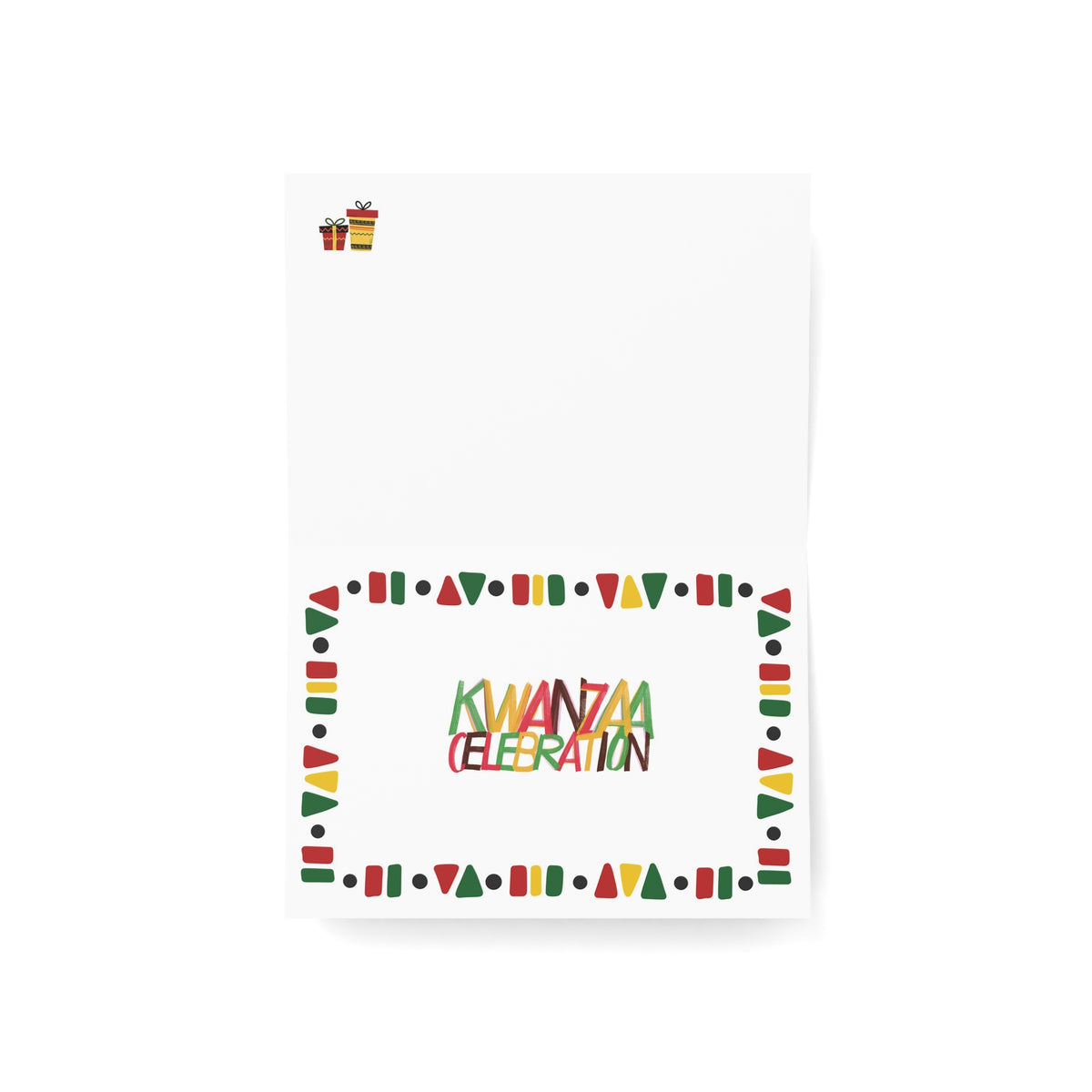 A white greeting card or envelope featuring a colorful Kwanzaa-themed border and the words 'KWANZAA CELEBRATION' in the center, with a small gift box icon in the top left corner.