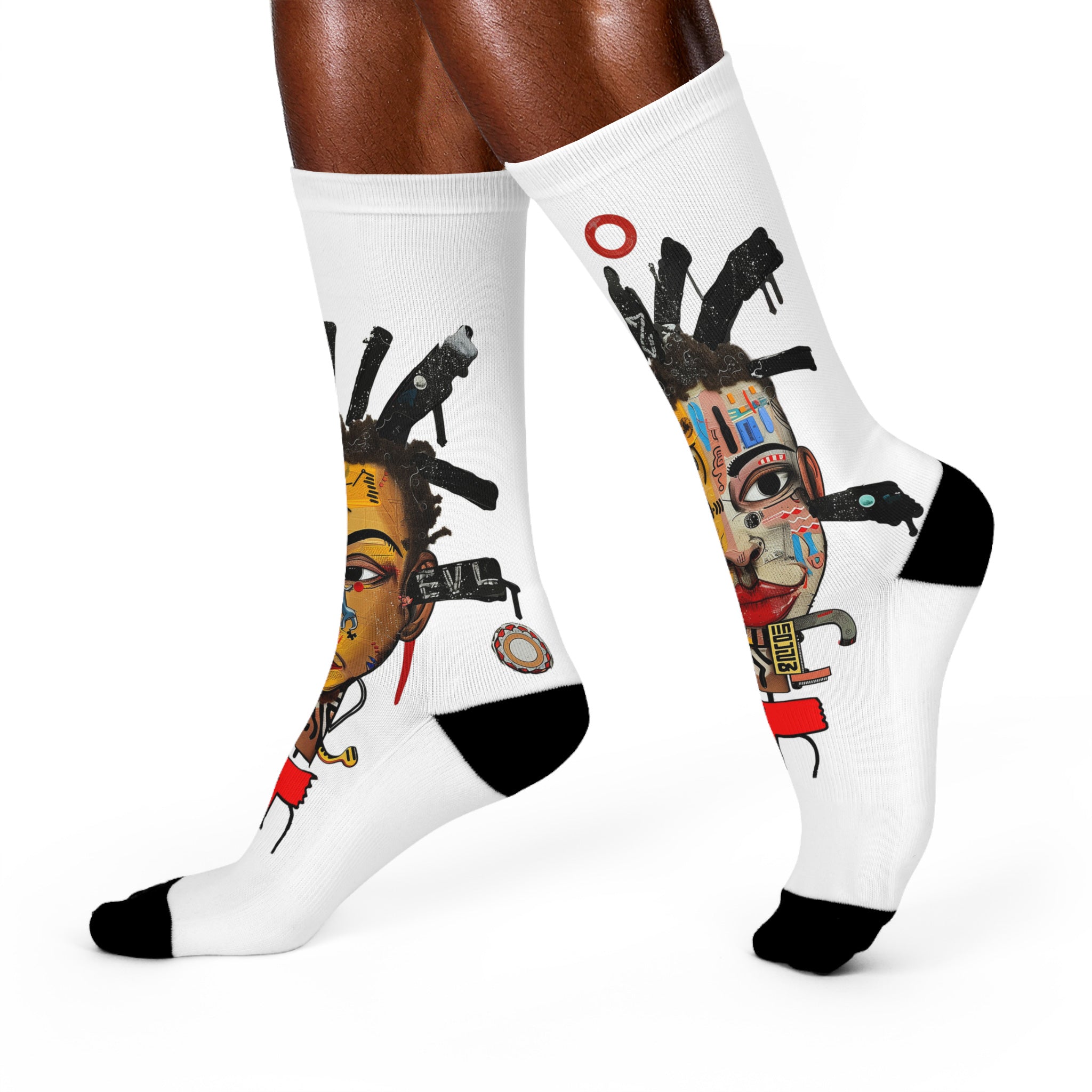Abstract Afrocentric crew socks featuring a continuous calf wrap print of a Black man with a split human and robot face in an Afrofuturism art style, with black heel and toe panels. Series 02