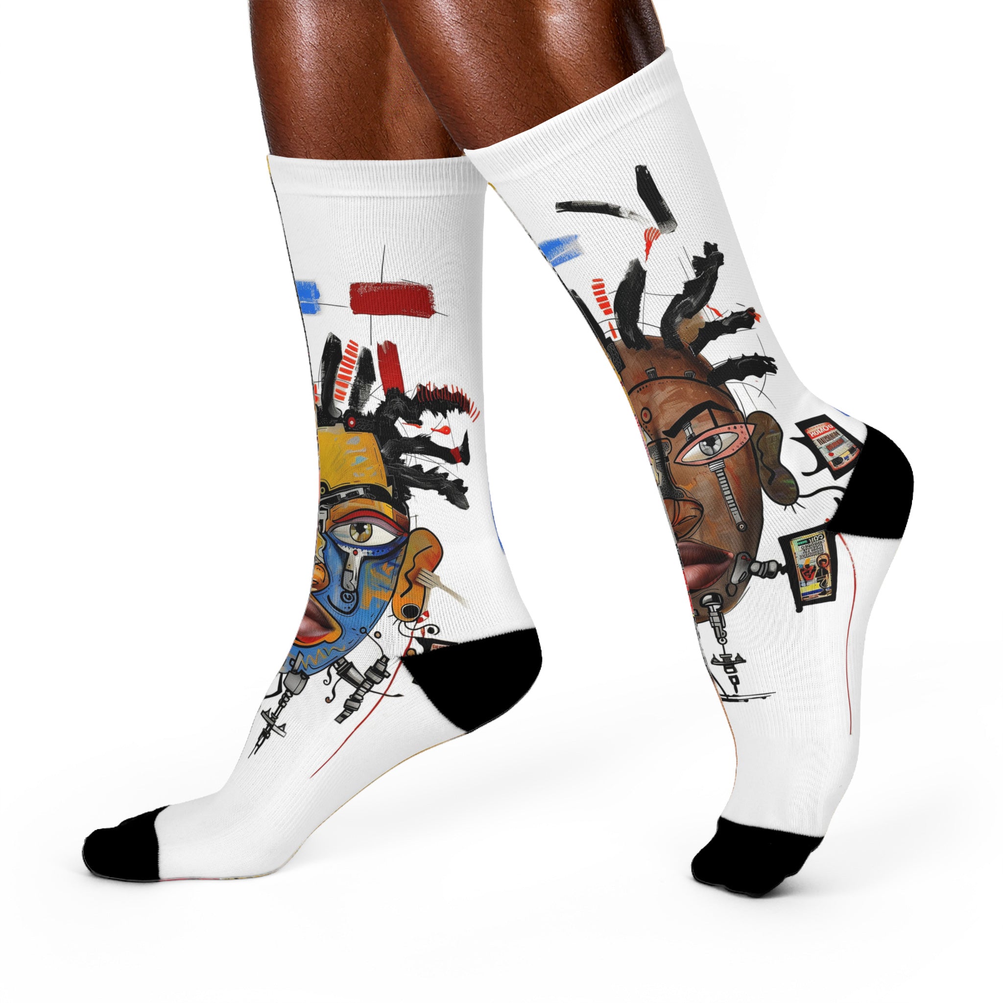 Abstract Afrocentric crew socks featuring a continuous calf wrap print of a Black man with a split human and robot face in an Afrofuturism art style, with black heel and toe panels. Series 03
