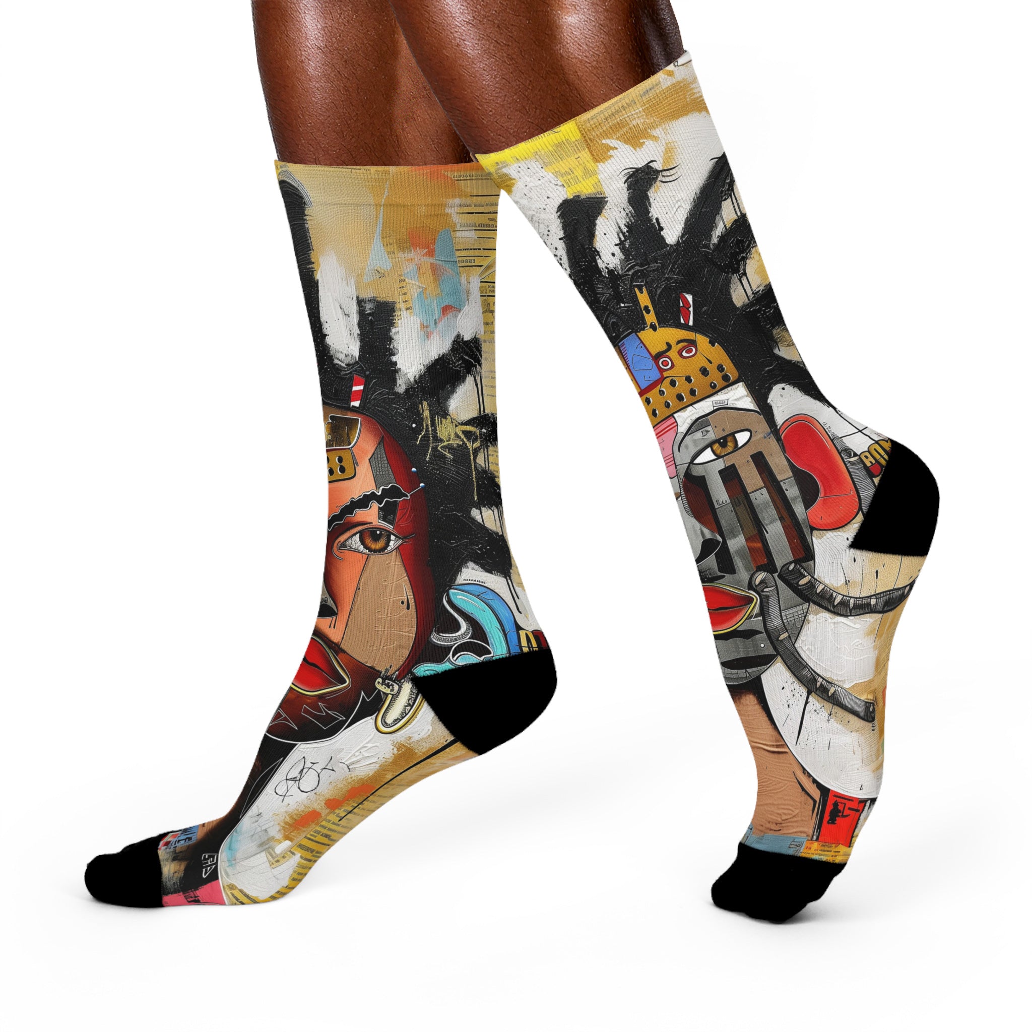 Abstract Afrocentric t-shirt featuring a split-face portrait of a Black man, half human and half robot, with expressive facial features and futuristic mechanical details in an Afrofuturism art style.