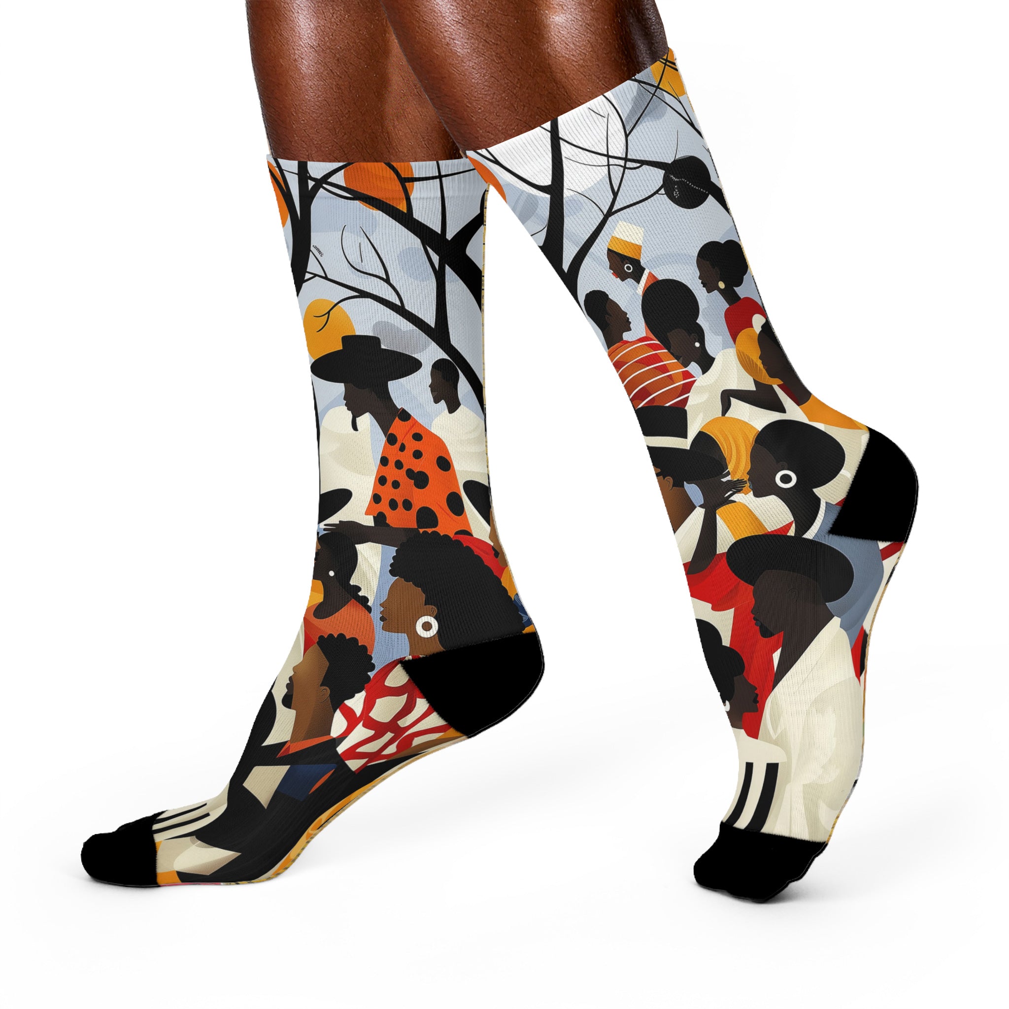 Juneteenth picnic crew socks featuring Afrocentric art of a joyful Picnic in the Park celebration, symbolizing Black culture, freedom, and community.