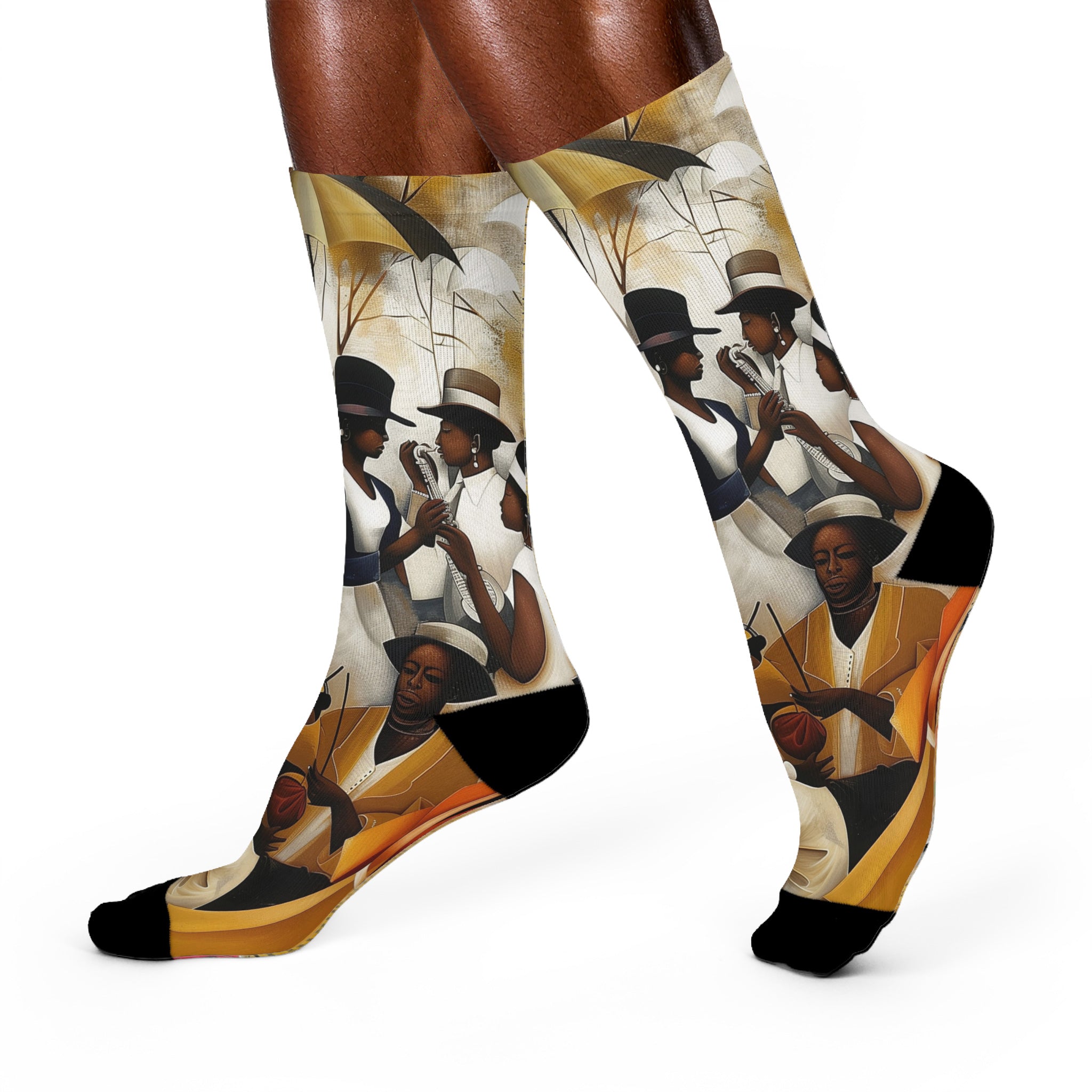 Juneteenth picnic crew socks featuring Afrocentric art of a joyful Picnic in the Park celebration, symbolizing Black culture, freedom, and community.