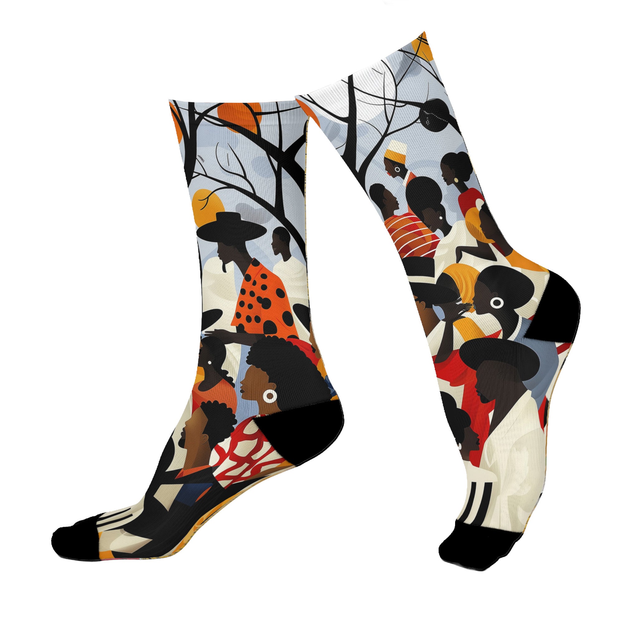 Juneteenth picnic crew socks featuring Afrocentric art of a joyful Picnic in the Park celebration, symbolizing Black culture, freedom, and community.