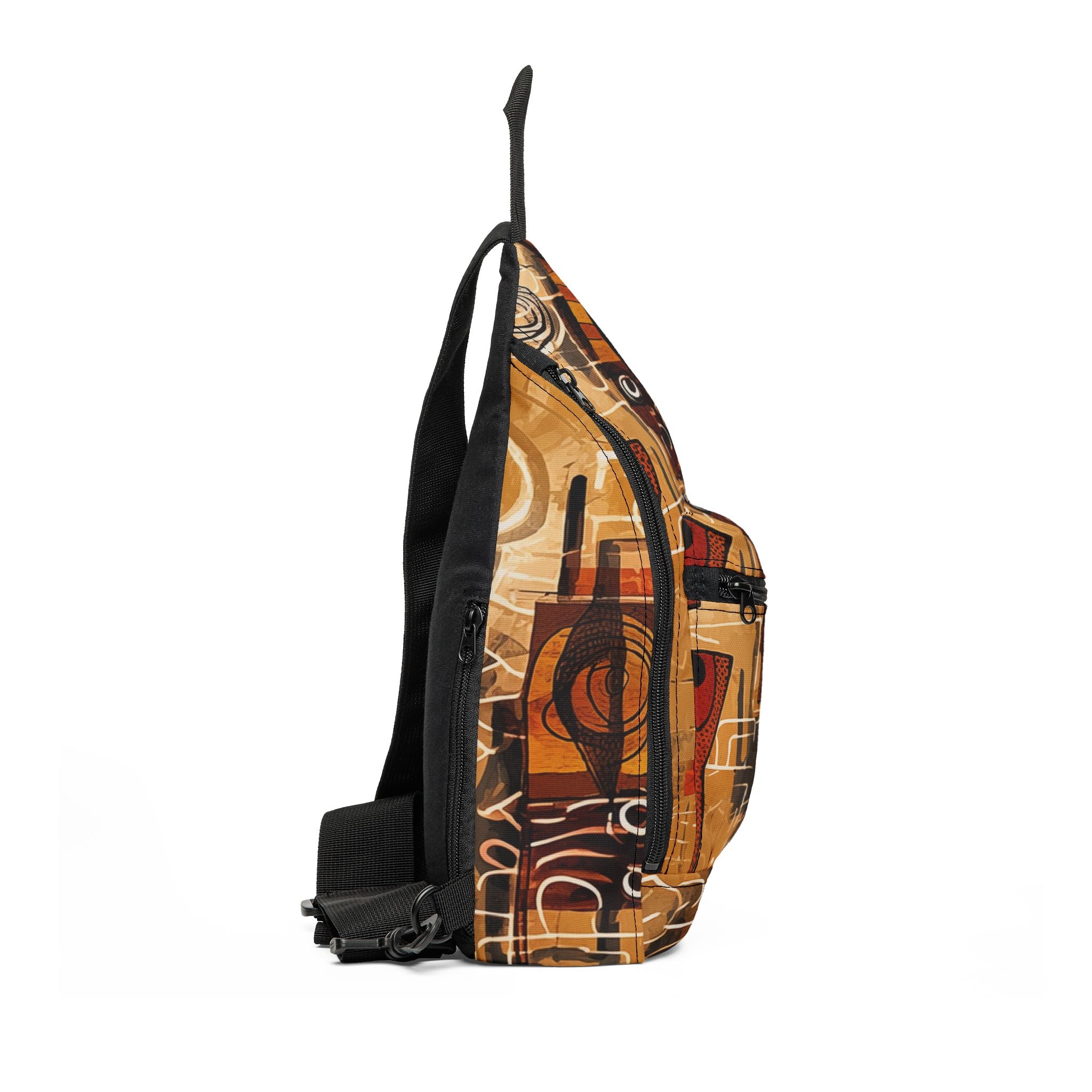 Colorful abstract Afrocentric crossbody sling bag featuring vibrant collage art with bold geometric shapes, layered textures, rich colors, and contemporary cultural-inspired design.