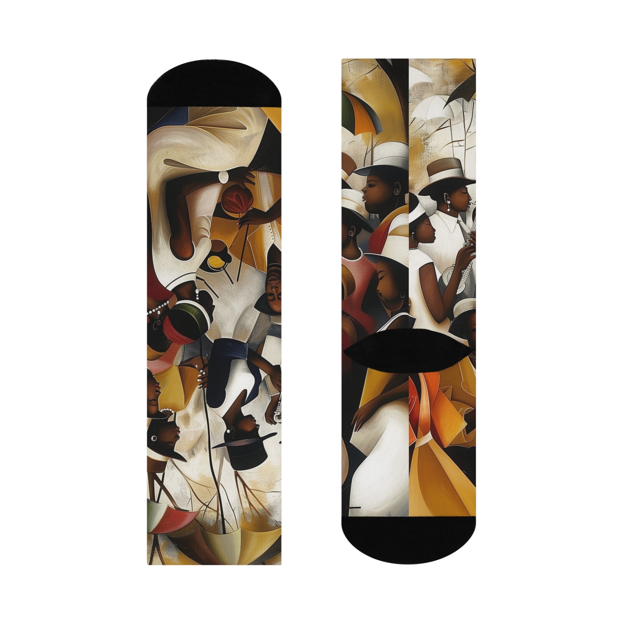 Juneteenth picnic crew socks featuring Afrocentric art of a joyful Picnic in the Park celebration, symbolizing Black culture, freedom, and community.