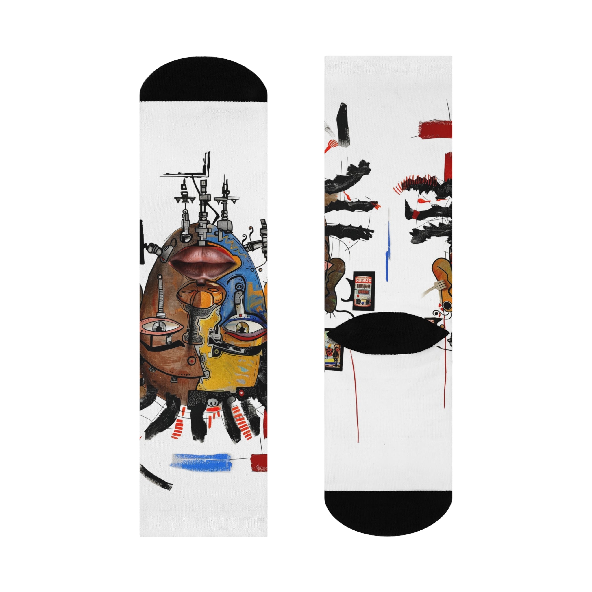 Abstract Afrocentric crew socks featuring a continuous calf wrap print of a Black man with a split human and robot face in an Afrofuturism art style, with black heel and toe panels. Series 03