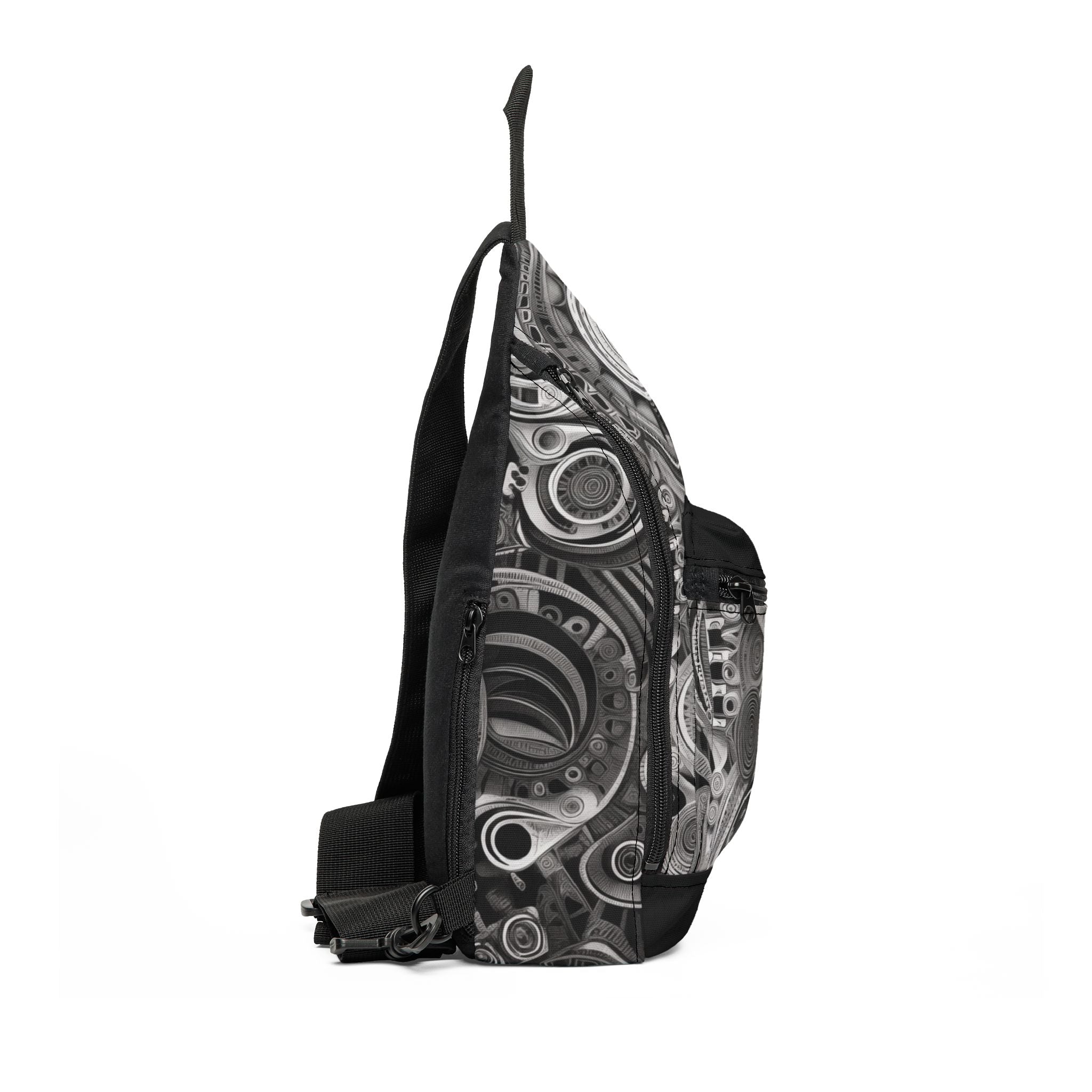 Black and white abstract Afrofuturism crossbody sling bag featuring futuristic geometric artwork, bold monochrome patterns, cultural design elements, and contemporary wearable art styling.