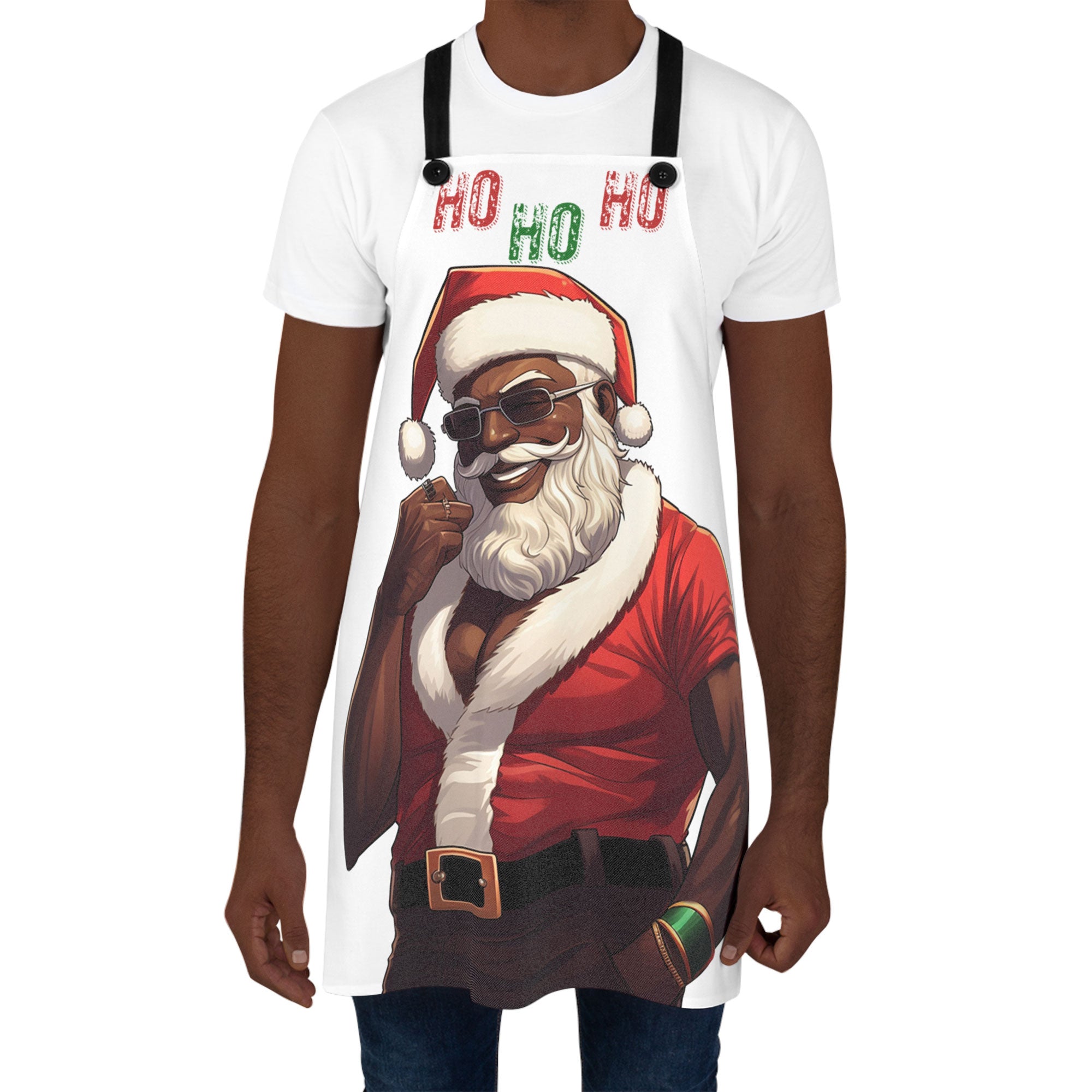 Black Santa Christmas Apron featuring an African American Santa Claus design, festive holiday kitchen apron perfect for Christmas cooking, baking, and holiday entertaining.